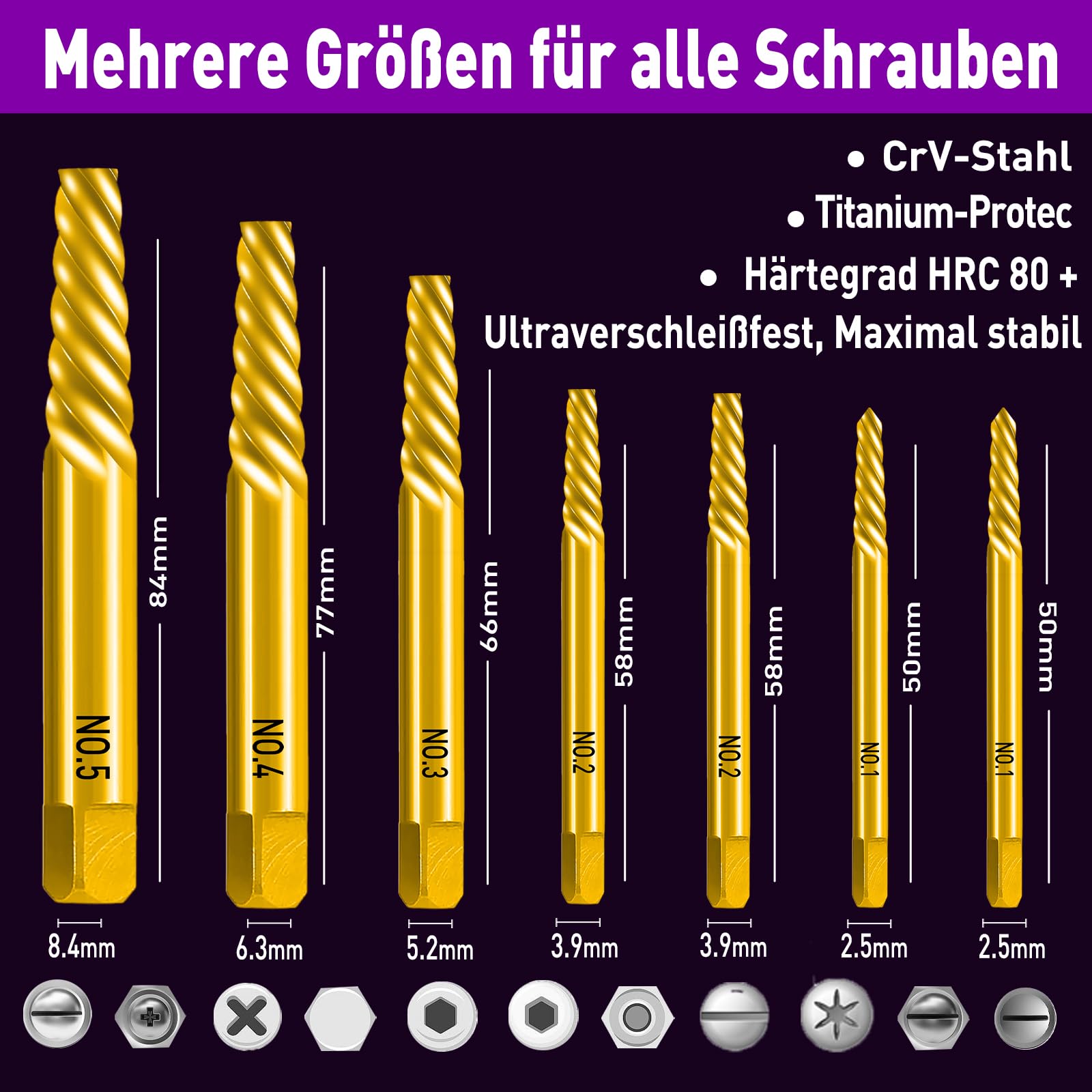 Titanium Professional Coating Screw Extractor 7 Pieces and 5% Cobalt Alloy Twist Drill Bit Pack of 5, Golden, 12-teilig - Image 3