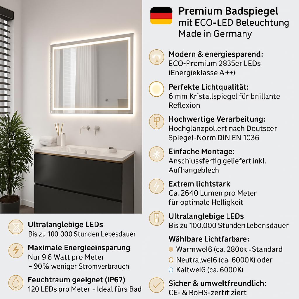 SARAR Badspiegel Spiegel Badezimmerspiegel mit schmaler rundum LED-Beleuchtung 170x80 cm Made in Germany eckiger Wandspiegel Mirror Spiegel Bad mit Licht auf Maß Toulon