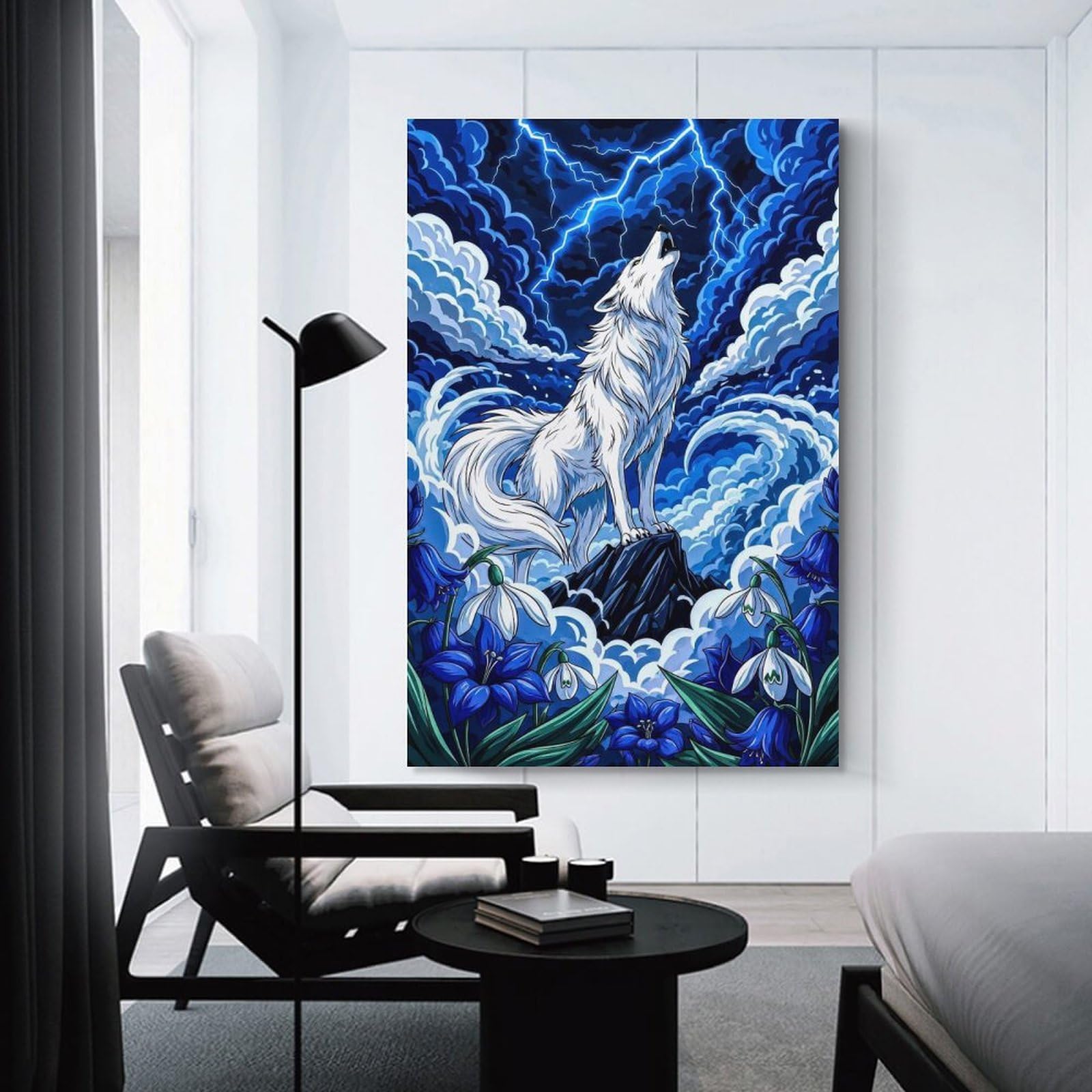 Junmoney White Wolf Howling Under Lightning Storm Decorative Wall Artwork, 20x30inch(50x75cm), for Home Lounge, Bedroom Or Reading Nook, Easy Decor for Gallery Walls