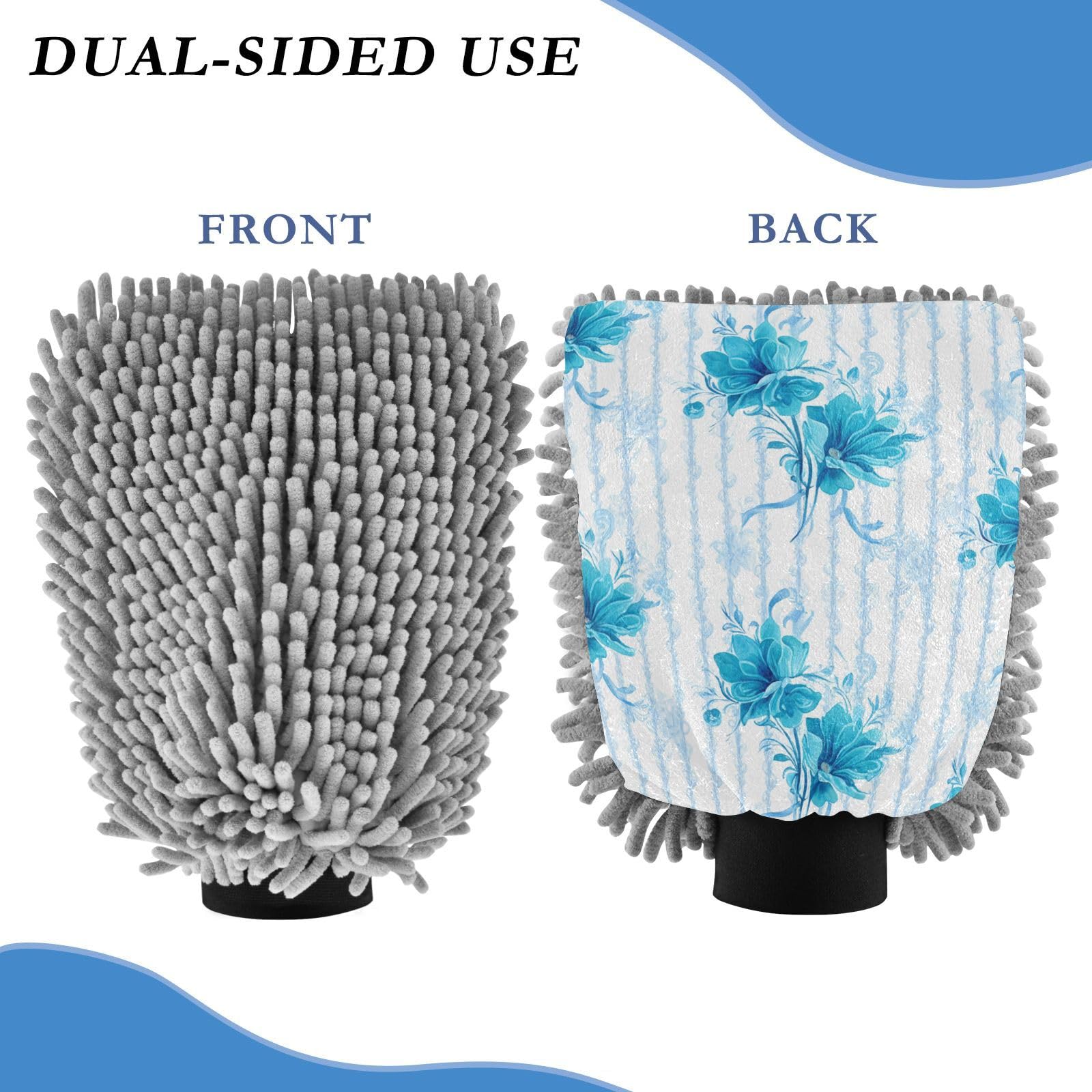 STAYTOP Blue Flowers Car Wash Mitt Microfiber, 2Pcs Scratch Free Lint-Free, Premium Chenille Microfiber Mitt Car Wash Brush-M