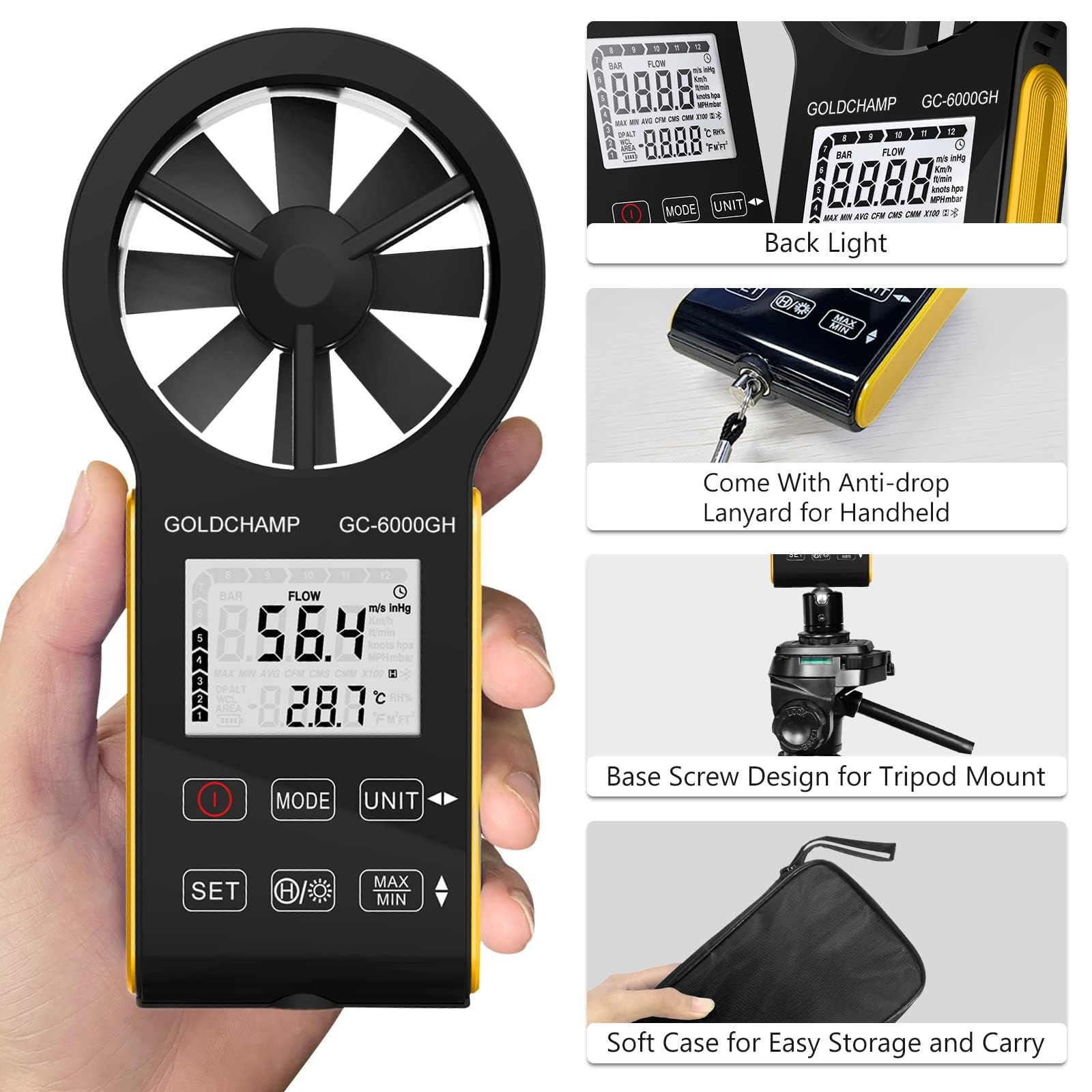 Anemometro digitale, CFM, ricaricabile e impermeabile, misura la velocità del vento (0,3 ~ 30 m/s), volume d'aria (0-999900 ft3/min), touch screen, display retroilluminato per HVAC, tiro