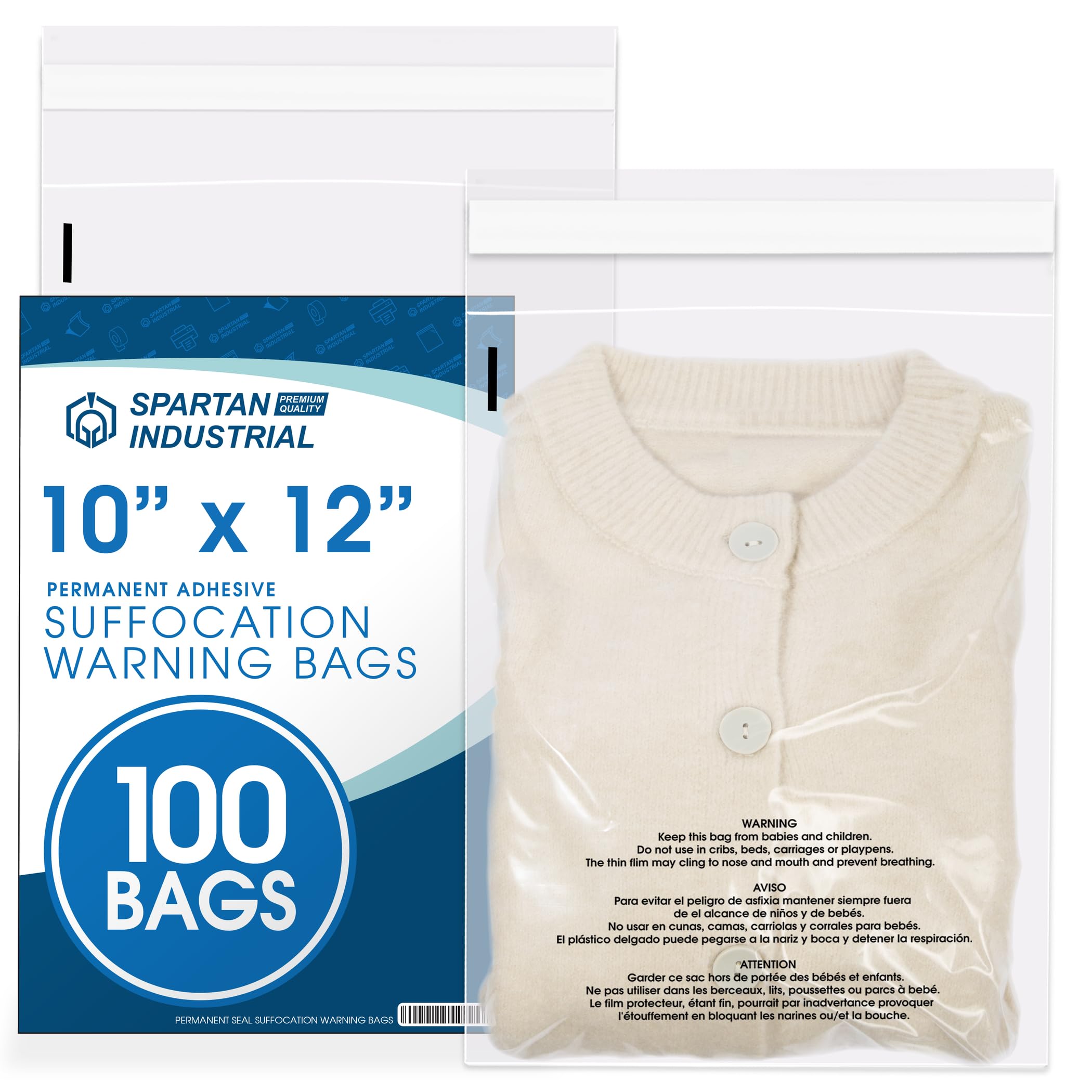 Spartan Industrial - 10” X 12” (100 Count) Self Seal Clear Poly Bags with Suffocation Warning for Packaging, T Shirts & Shipping - Permanent Adhesive