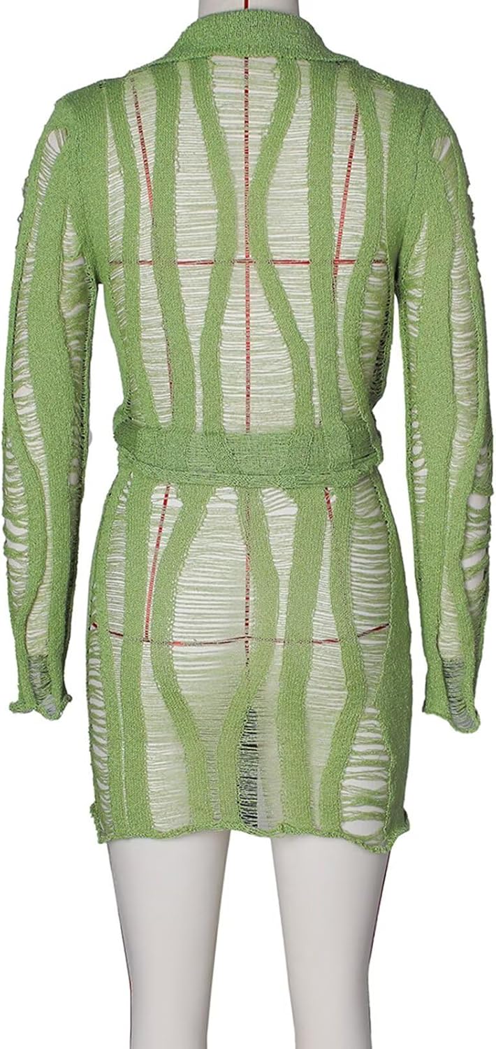 Skirt Sets Women 2 Piece Outfits Sexy Hollow Tassel Crochet Cover Up Button Long Sleeve Crop Top Mini Skirt Dresses - Image 7