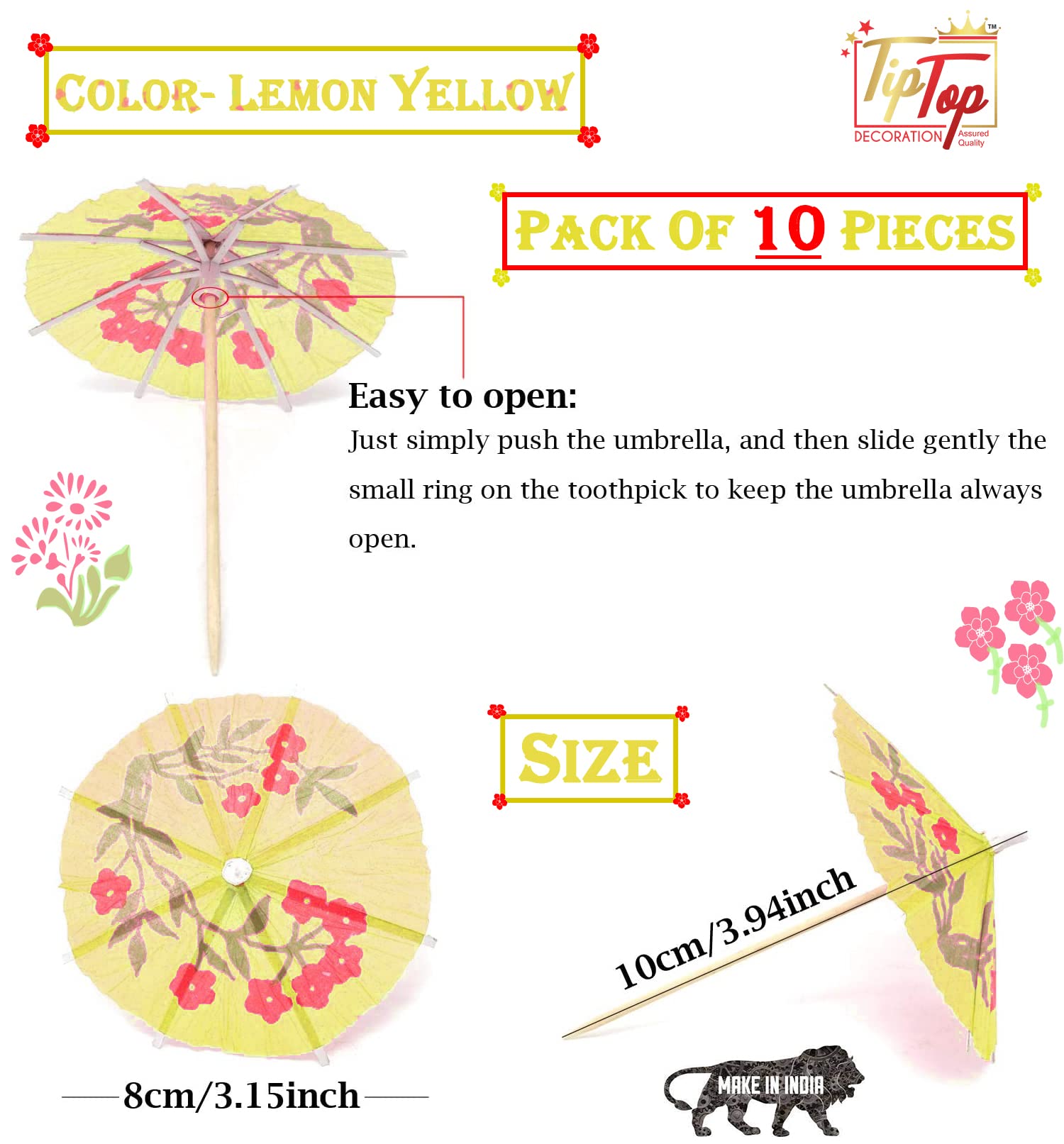 Premium Paper Folding Umbrella Tropical Hawaiian Topper Toothpicks (Pack of 10, Lemon Yellow) — Amazon image 2