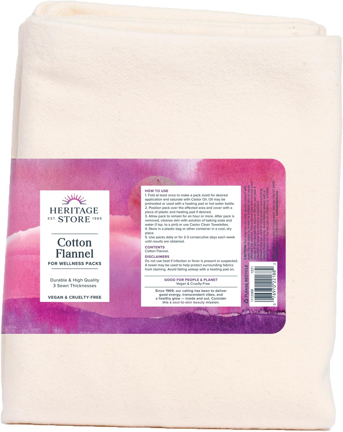 HERITAGE STORE Cotton Flannel - Castor Oil Pack Wrap - Soft, Reusable Cotton Flannel Fabric for Castor Oil Packs, Castor Oil Compress for Abdomen, Joints, 60-Day Guarantee, Vegan, Cruelty Free 13x15in