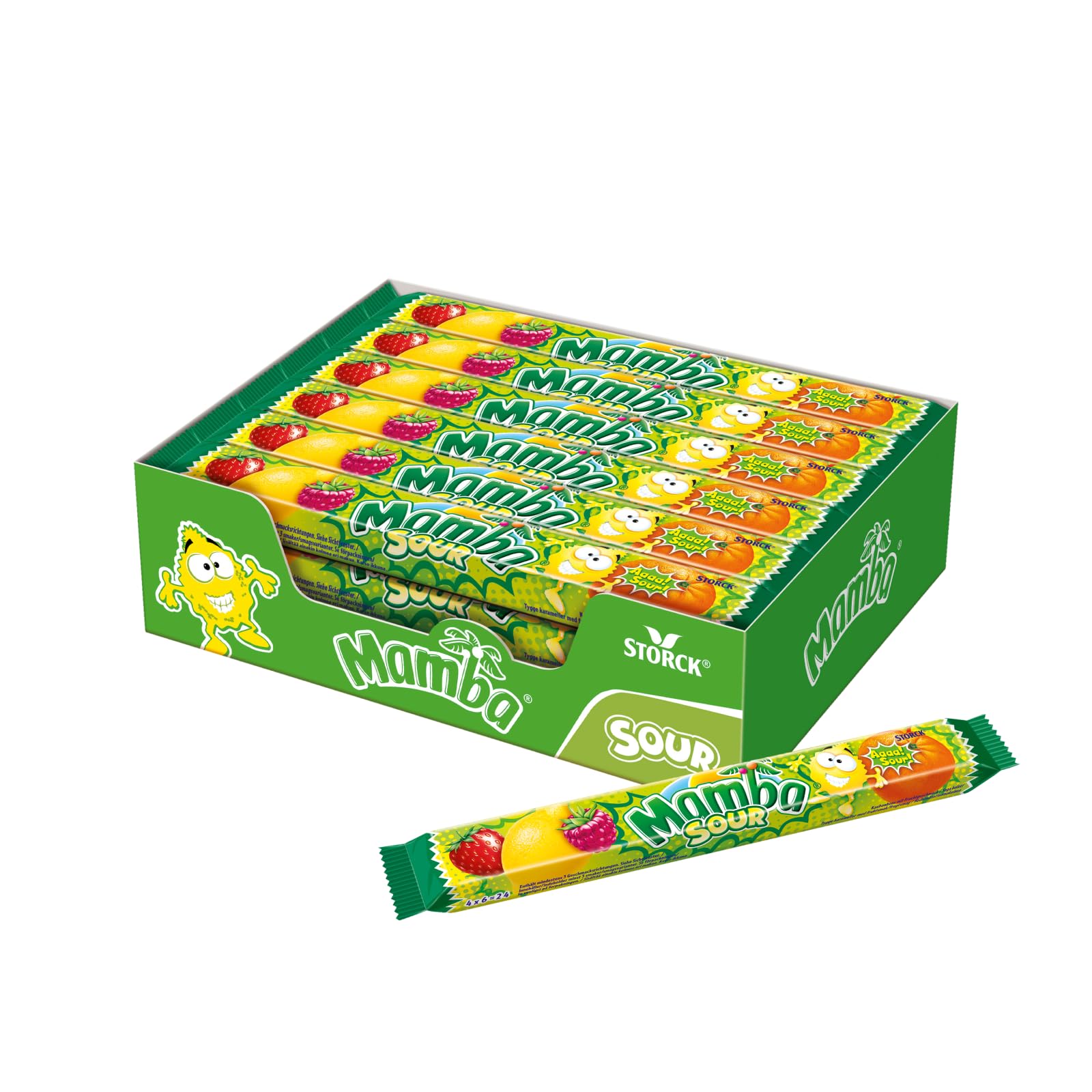 Mamba Sour, saure Kaubonbons mit Fruchtgeschmack - 24 x 106 g (4er Stange) | Saurer Süßigkeiten Mix, in vier fruchtigen Geschmacksrichtungen Erdbeere, Himbeere, Zitrone & Orange