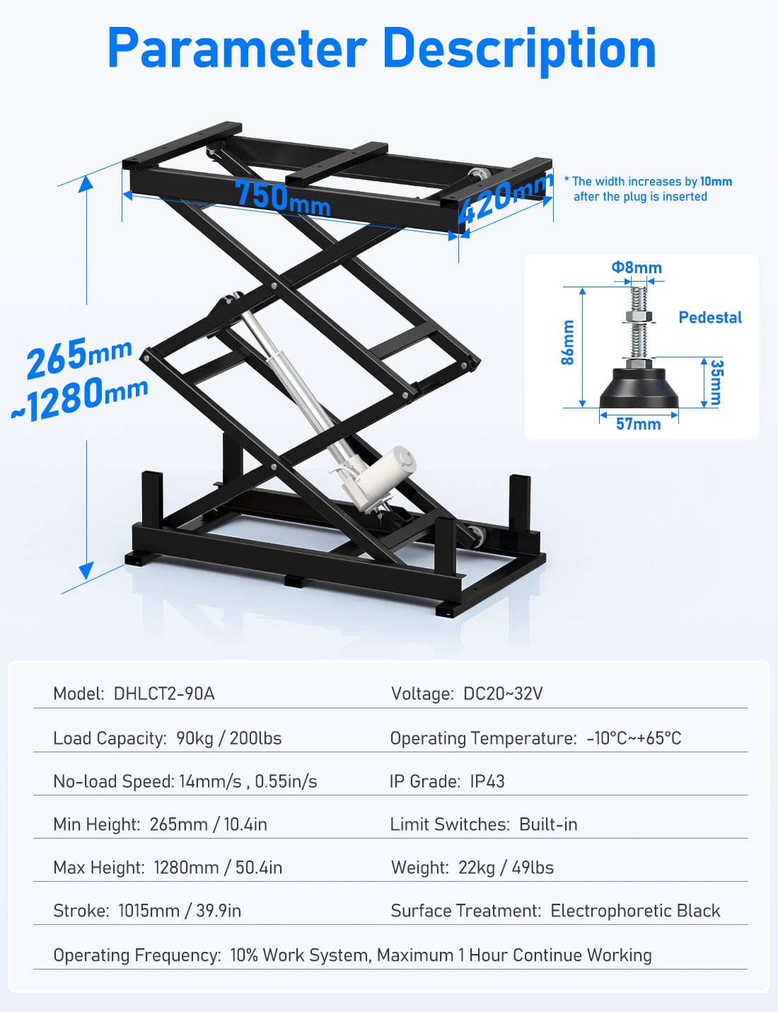 DIHOOL Table élévateur électrique à cisaillement 90kg pour laboratoire atelier automobile hauteur réglable 265-1270mm alimentation AC 100-240V et DC 24-30V