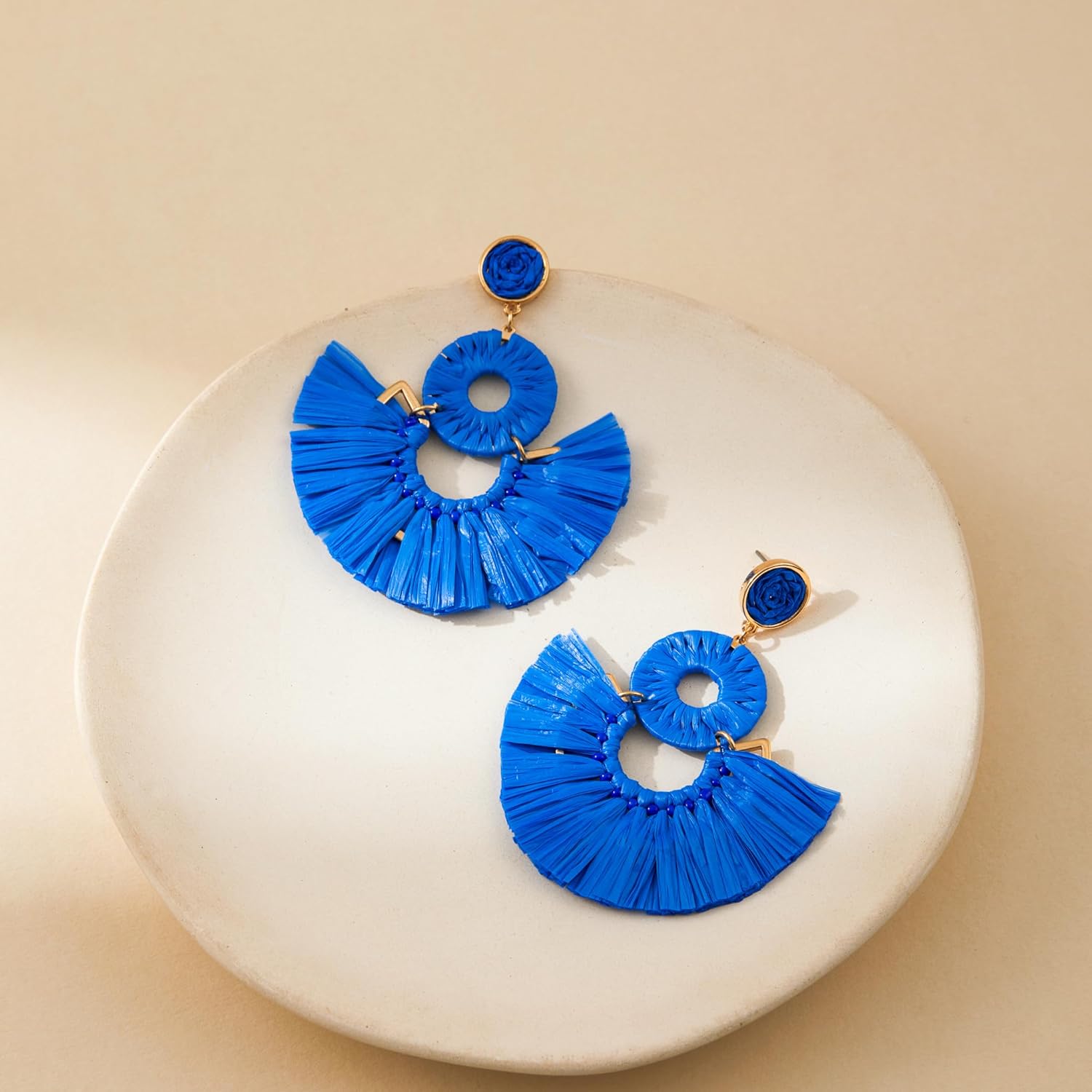 Viva Joya Large Boho Raffia Fan Tassel Drop Dangle Earrings for Women, Handmade Lightweight Woven Beach Statement Jewelry - Image 2