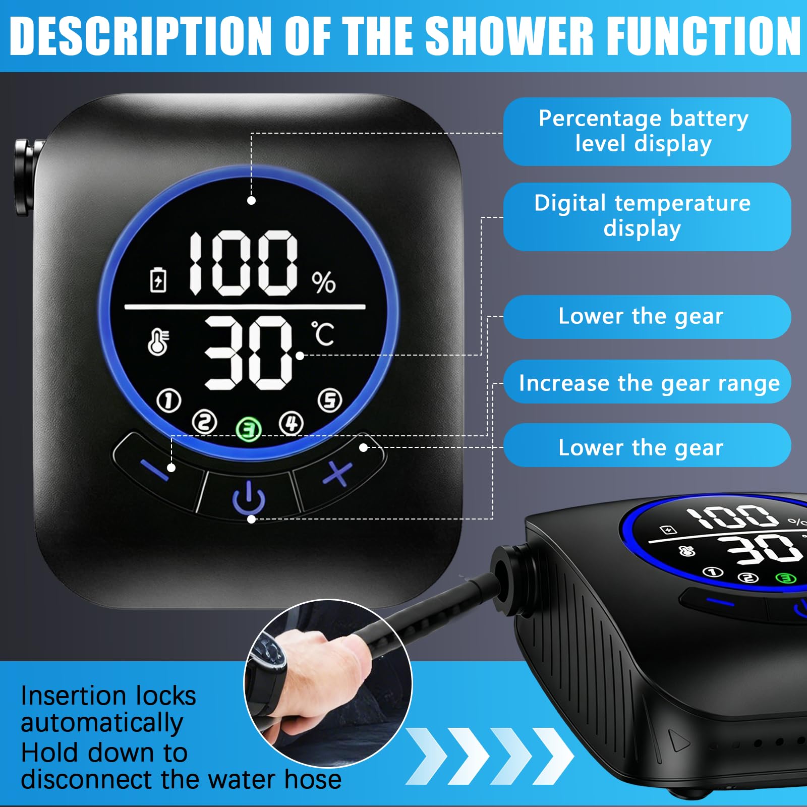 Douche De Camping Portable, Pompe De Douche 8000mAh avec Affichage De La Température Kit De Douche Mobile étanche IPX8 avec Pommeau De Douche Pliable Et Tuyau De 2 M pour Les Voyages