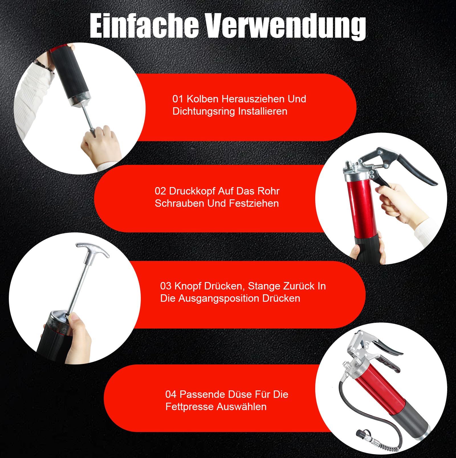 Fettpresse 8000 PSI für 400g Kartusche, Einhand Hochleistungs-Fettpresse Set mit Schnellkupplung, 18" Flexschlauch, 6" Metall-Verlängerungsrohr und 2 Düsen für Schmiernippel