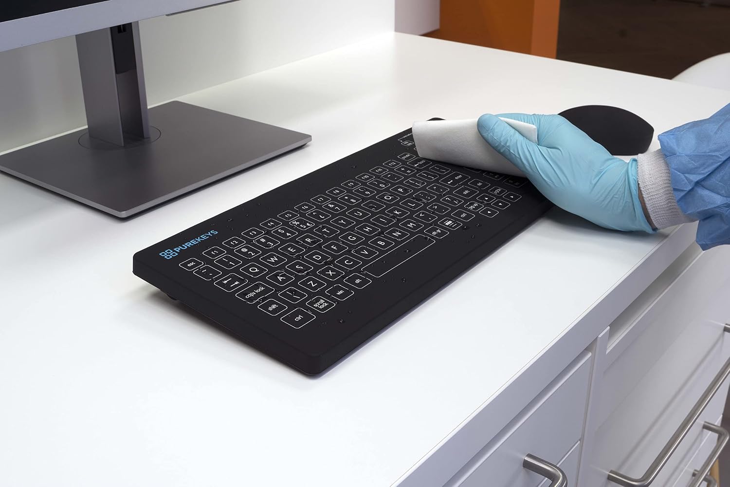 PUREKEYS Medical Keyboard Full Size USB-Cabled Black for Hospital, Dentist, Cleanroom, Laboratory and Industrial. Easy to Clean Hygienic Flat and Flexible Silicone