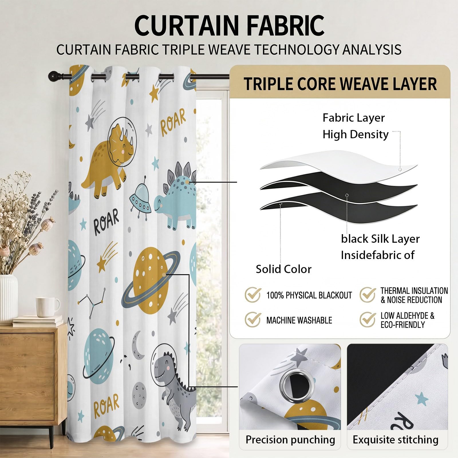 Animé Animal Rideaux Occultants Thermique Isolant 110L X 215H cm (2 Panneaux), Enfant Rideau Occultant Opaque à Oeillets Scandinave Astronaute Dinosaure Motif pour Chambre d'enfant et Salon, Blanc