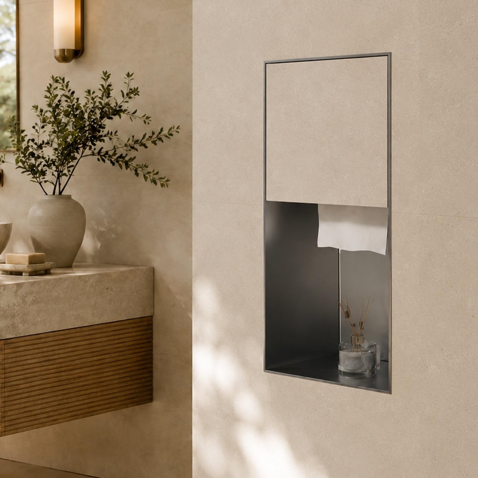 Recessed Toilet Paper Holder, Stainless Steel In-Wall Bathroom Cabinet With Toilet Roll Holder And Open Shelf, Hidden Waste Bin For Bathroom Kitchen Office