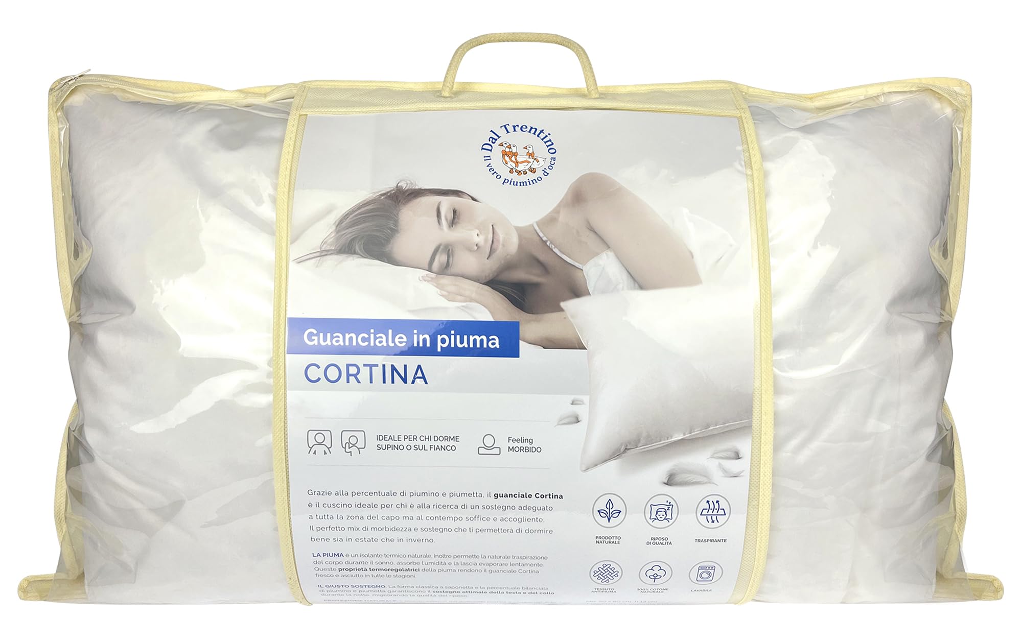 IlGruppone Guanciale dal Trentino in Vera Piuma D'Oca Cuscino Letto Bianco Forma A Saponetta 50 x 80 Cm Prodotto Certificato Oeko Tex Pregiato qualità Hotel Albergo