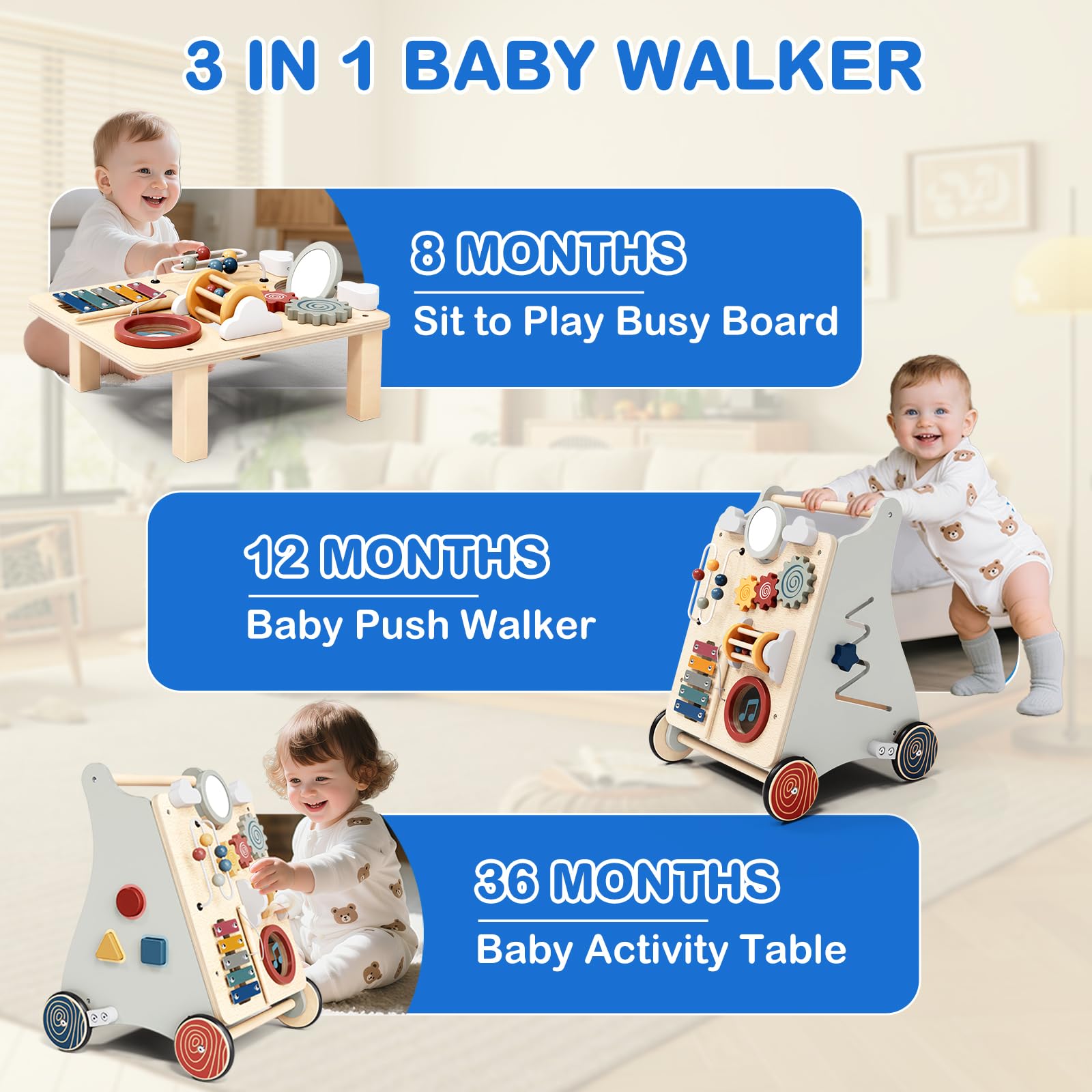 2IN1 Montessori Walker z drewna, zabawka Baby Walker z regulowaną prędkością
