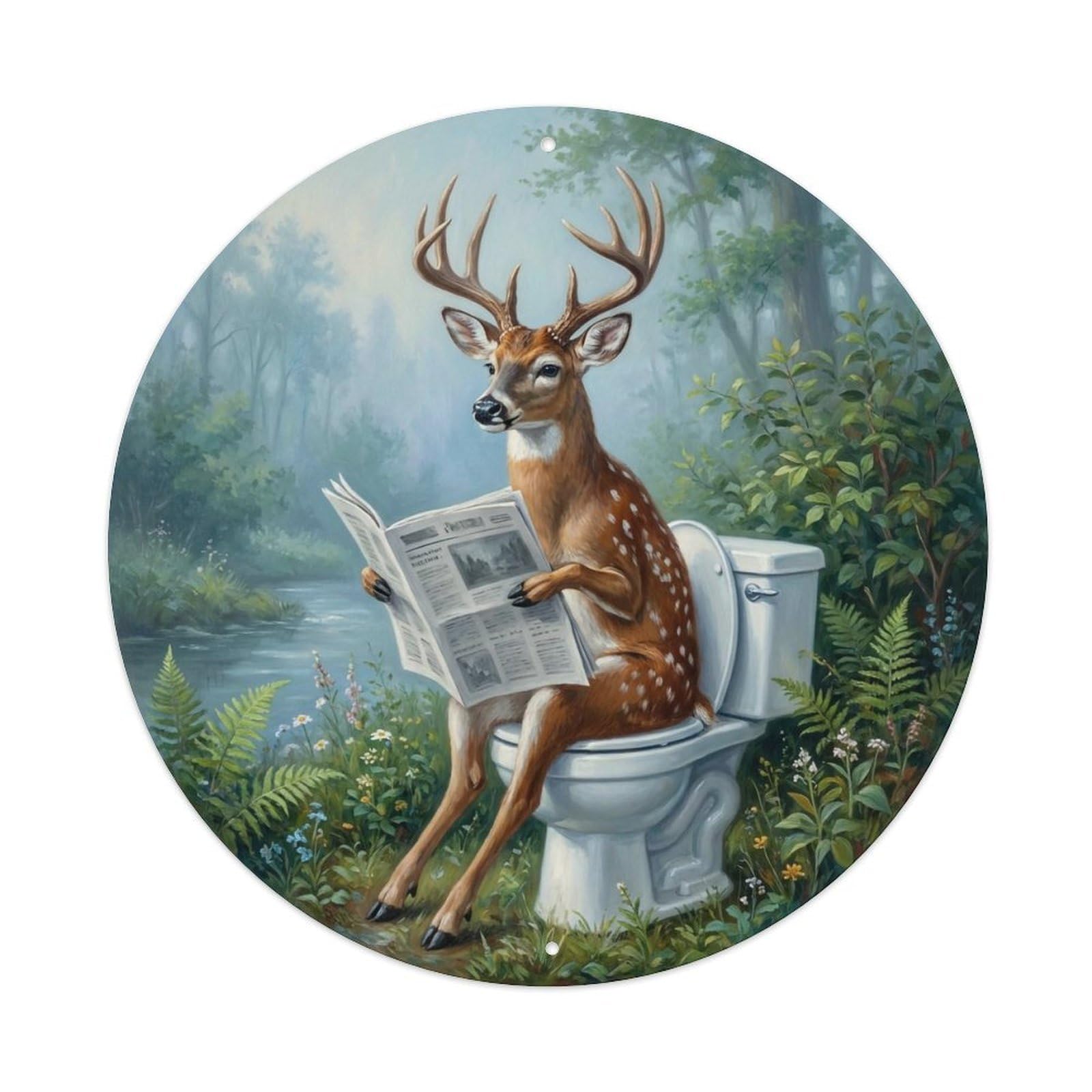 Deer On Toilet Humorous Bathroom Misty Creek View Metal Tin Sign