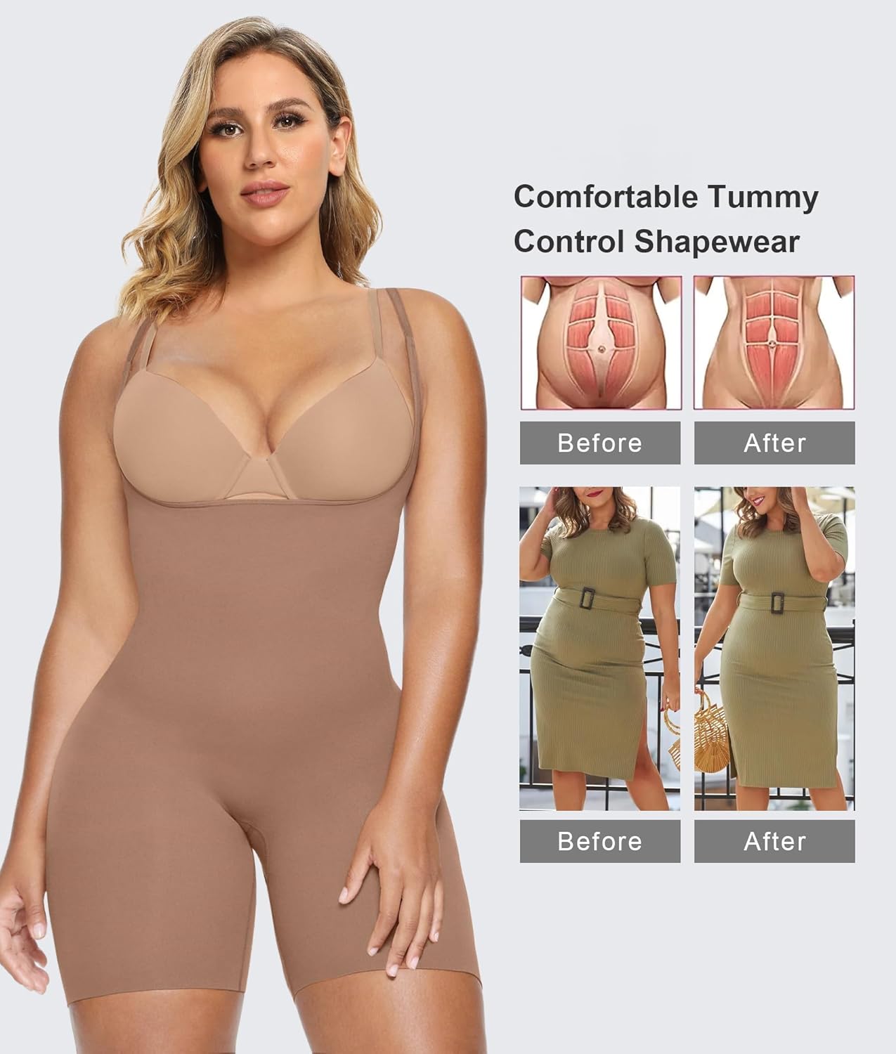 SHAPERX Open Bust Shapewear Tummy Control Bodysuits for Women Seamless Compression High Waisted Body Shaper - Image 5