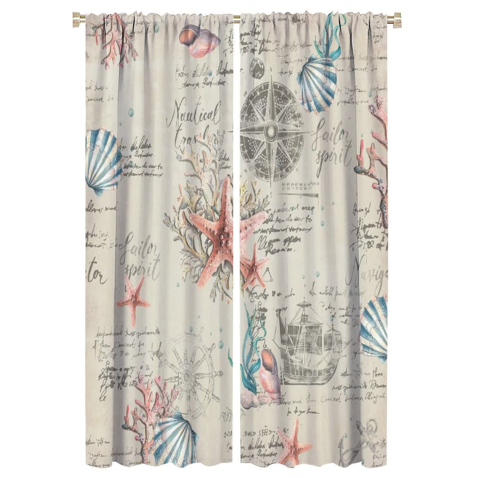 INSFBRB Vintage Nautical Coastal Blackout Curtains for Living Room,Watercolor Beach Nautical Theme Starfish Seashell Coral Window Drapes - Thermal Insulated and Noise Reduction,2 Panels 63L x 21W