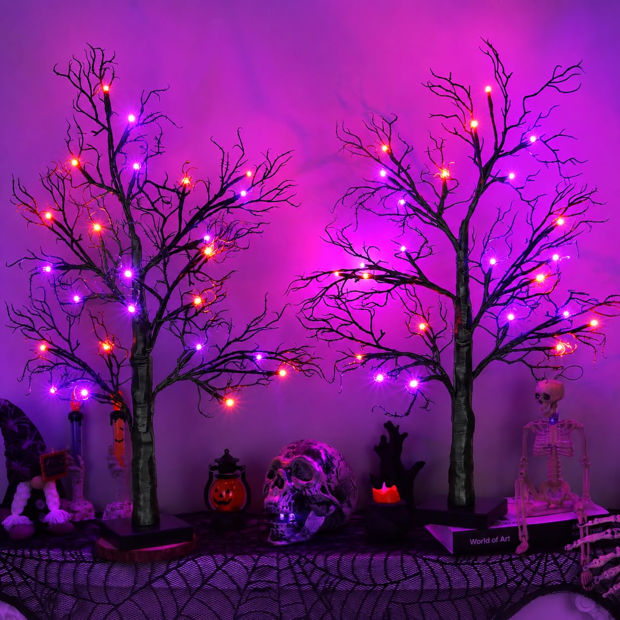 [Timer] 2 Pack Halloween Decorations Indoor, 24 Inch Lighted Black Halloween Tree with 24 Orange &amp; Purple Lights, USB or Battery Powered Spooky Tabletop Tree for Home, Party, Fireplace &amp; Holiday Decor