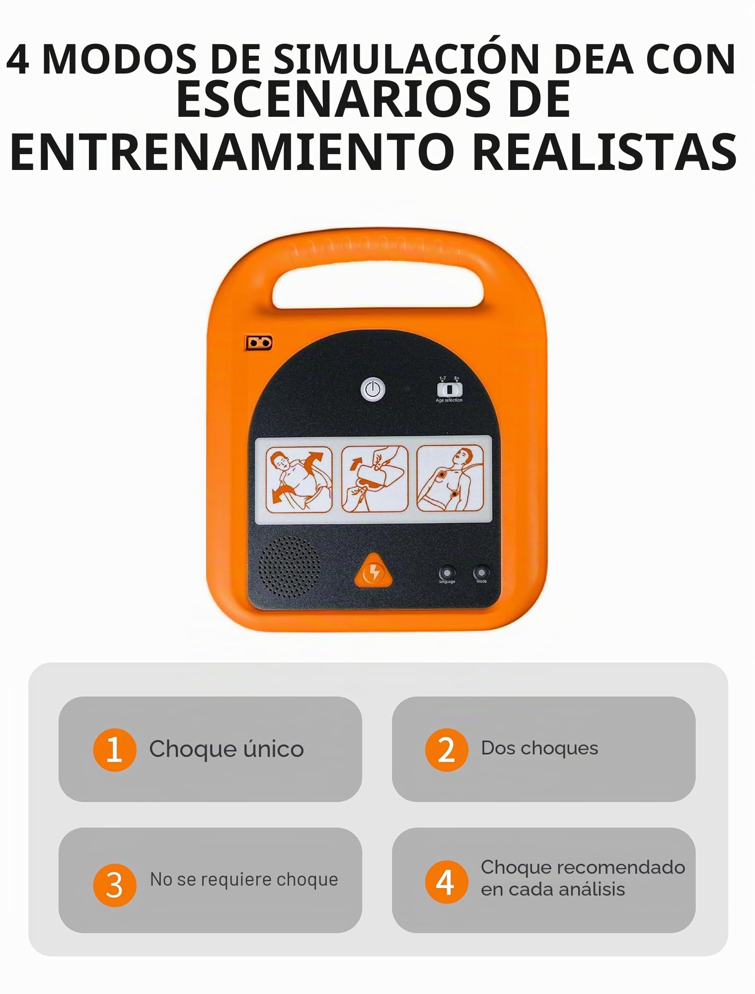 Entrenador DEA, dispositivo de entrenamiento portátil con 4 escenarios, indicaciones de voz en inglés solo para principiantes de primeros auxilios y estudiantes en prácticas