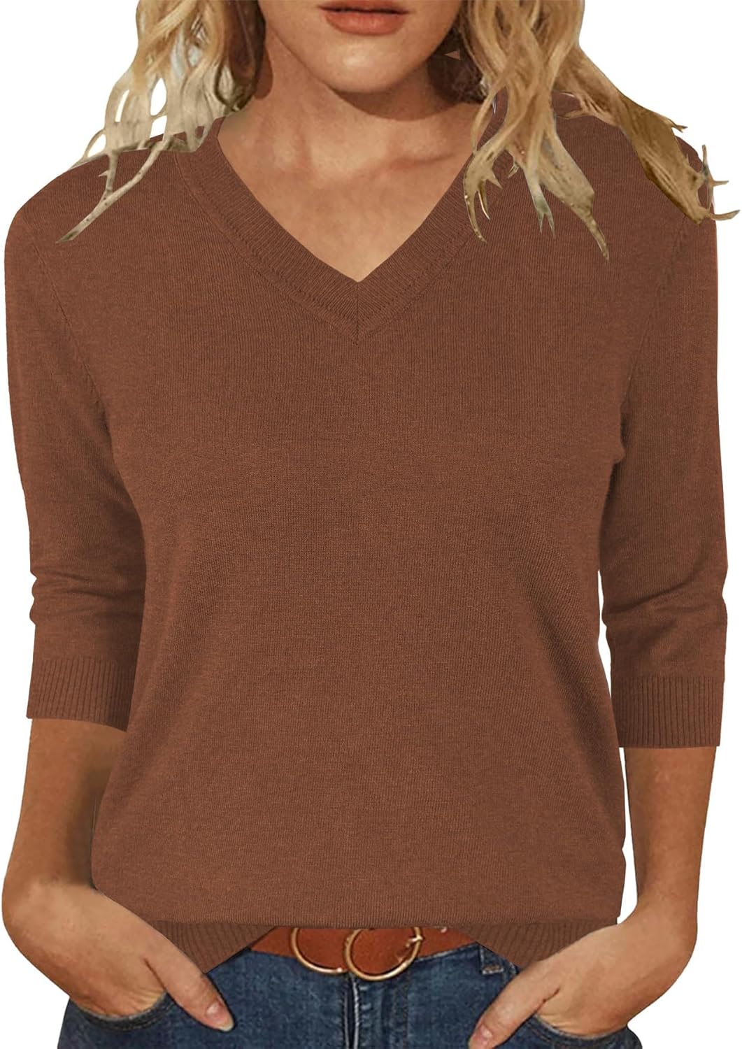 JomeDesign Womens Sweaters 3/4 Sleeve Pullover Tops V Neck Blouses Business Casual Fashion Clothes