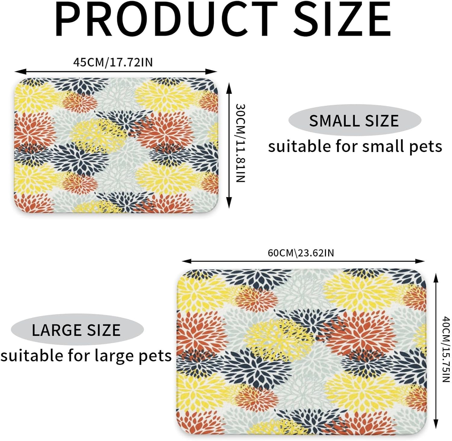 Red Yellow Navy Chrysanthemum Flowers Pet Feeding Mat-Absorbent Quick Dry Pet Cat Dog Food Mat Non Slip Waterproof Rubber Dish Placemat