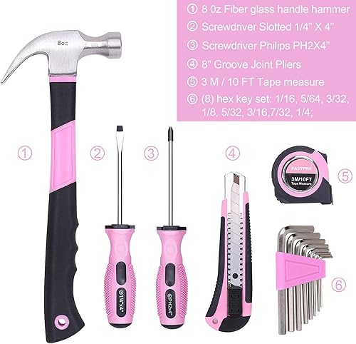 Miniatura 8 de FASTPRO Kit de herramientas rosa de 14 piezas, juego de herramientas de mano para mujeres, herramientas domésticas para mantenimiento y reparación