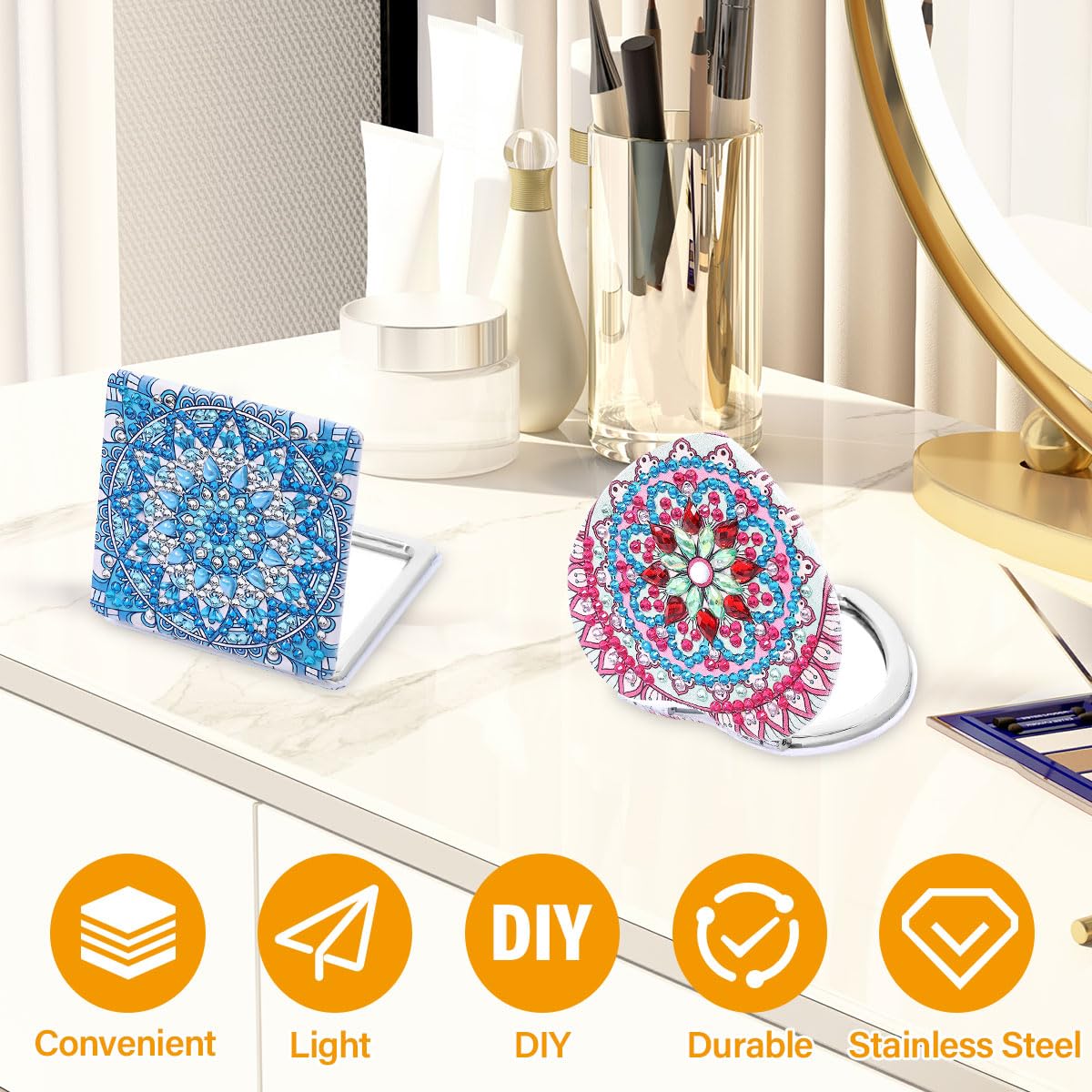 4 Specchi Tascabili Pieghevoli 5D Diamond Painting - Kit Fai Da Te Con Diamanti Per Bambini E Adulti - Crea Il Tuo Specchio Personalizzato