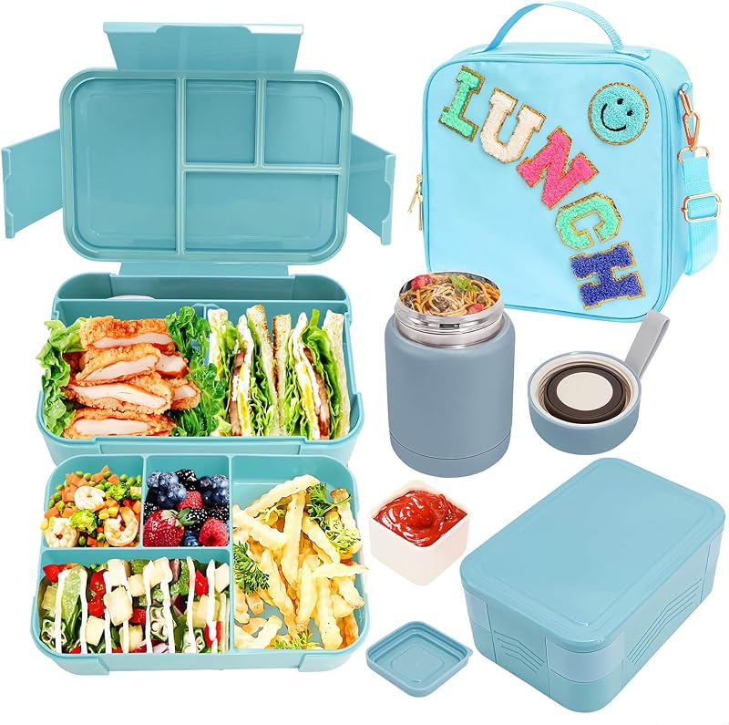 PainZieteg Lunch Box for Girl with 10oz Thermo 6 Compartment Bento Set Blue | Nylon Insulated Lunch Bag with Adjustable Strap, Ideal for Kids and Teens School, Travel and Picnic, Leakproof Thermal Pouch