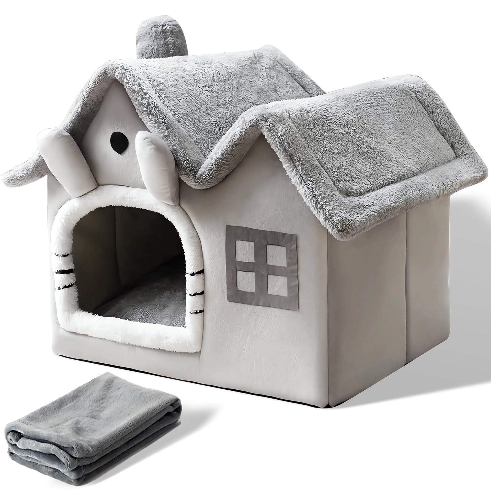 SEOUGEE Cat Cave Bed, Warm Cosy Dog Bed Indoor With Removable Cushion, Comfortable Plush Pet Cat igloo, Washable Foldable Cat Houses with Non-Slip Bottom