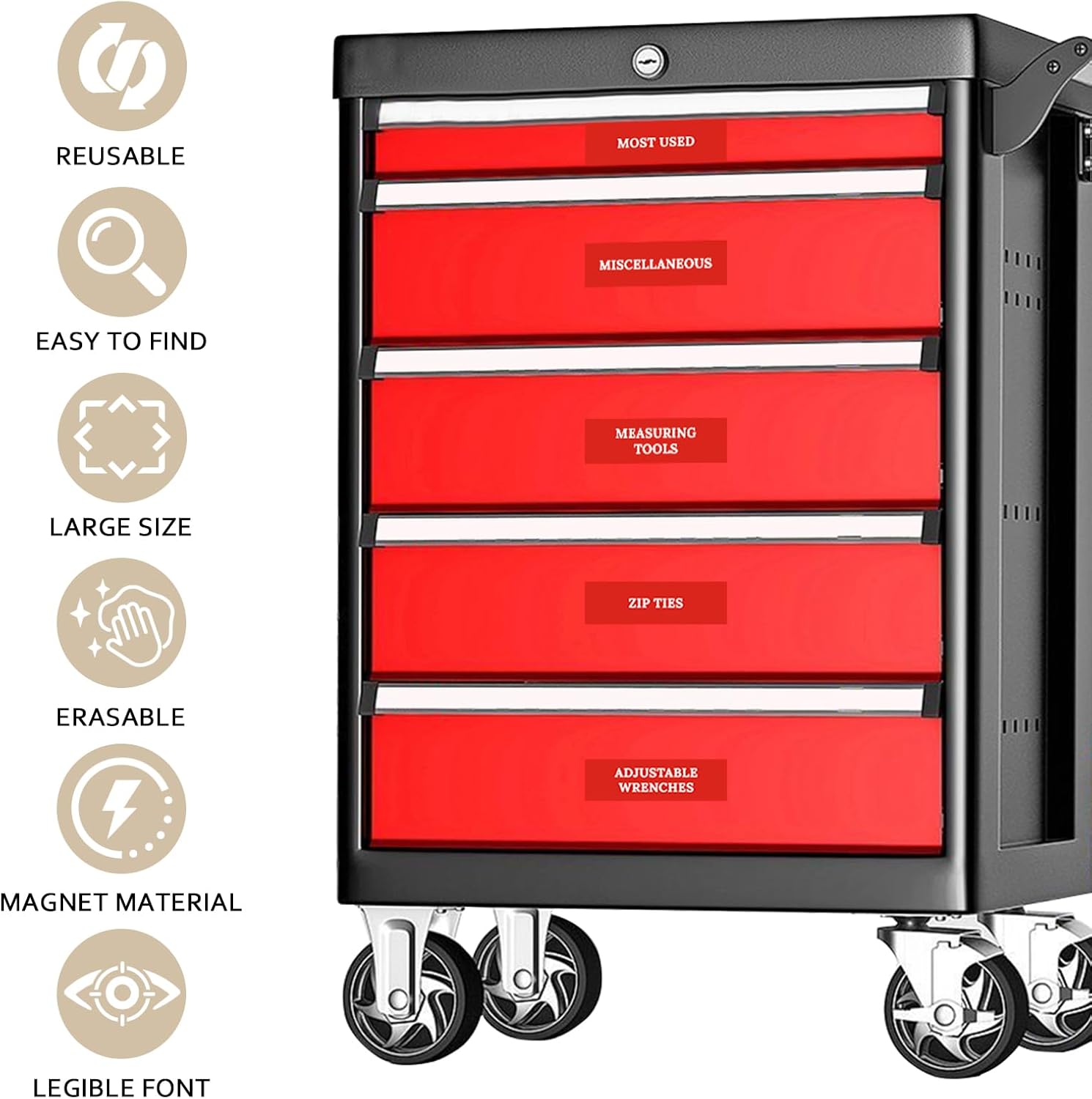 Magnetic Toolbox Organization Labels, 84 Magnetic Tool Chest Label Stickers, Tool Box Accessories for Tool Box Drawers, Fits All Brands of Steel Tool Chest Organizer- Red, 4 x 1 Inches