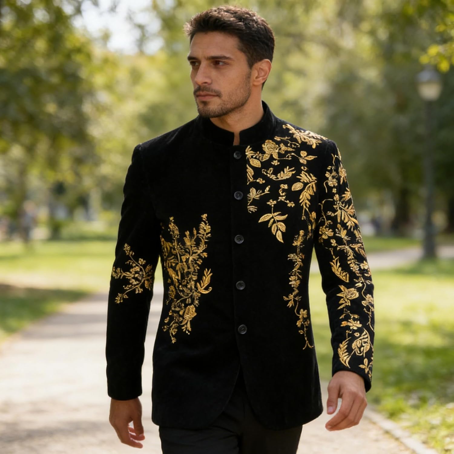 Men's Black Velvet Blazer with Gold Floral Embroidery, Slim Fit Suit Jacket for Wedding, Party, Banquet, Prom