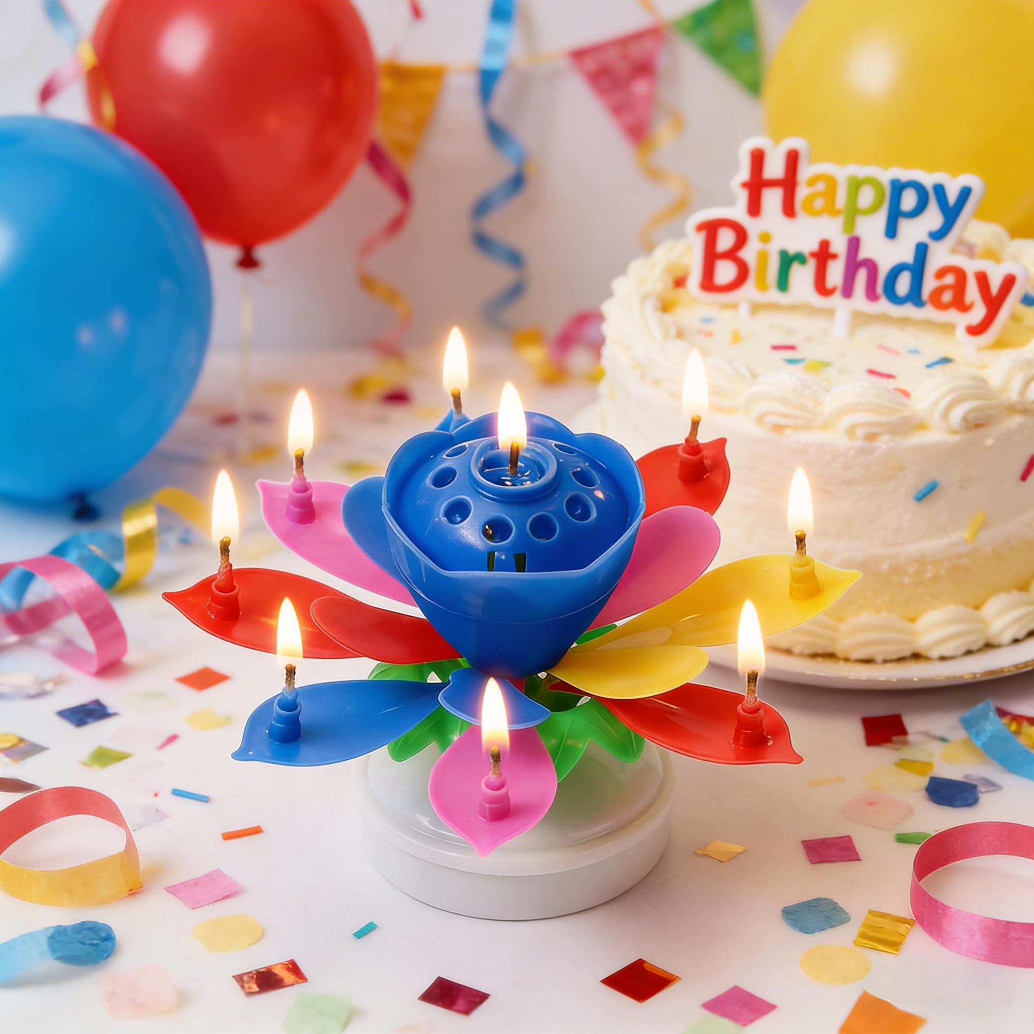 Musical Lotus Flower Birthday Candle, Rotating Blooming Cake Candle with Auto Opening Petals, Colourful Birthday Cake Party Decoration, 1 Pack