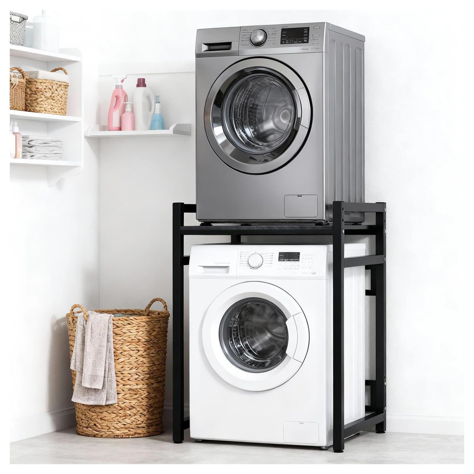 Pobbycrafm Washing Machine Stacking Kits Washer Dryer Countertop Tumble Dryer Stacking Kit Fridge Stand Adjustable Washing Machine Shelf Black