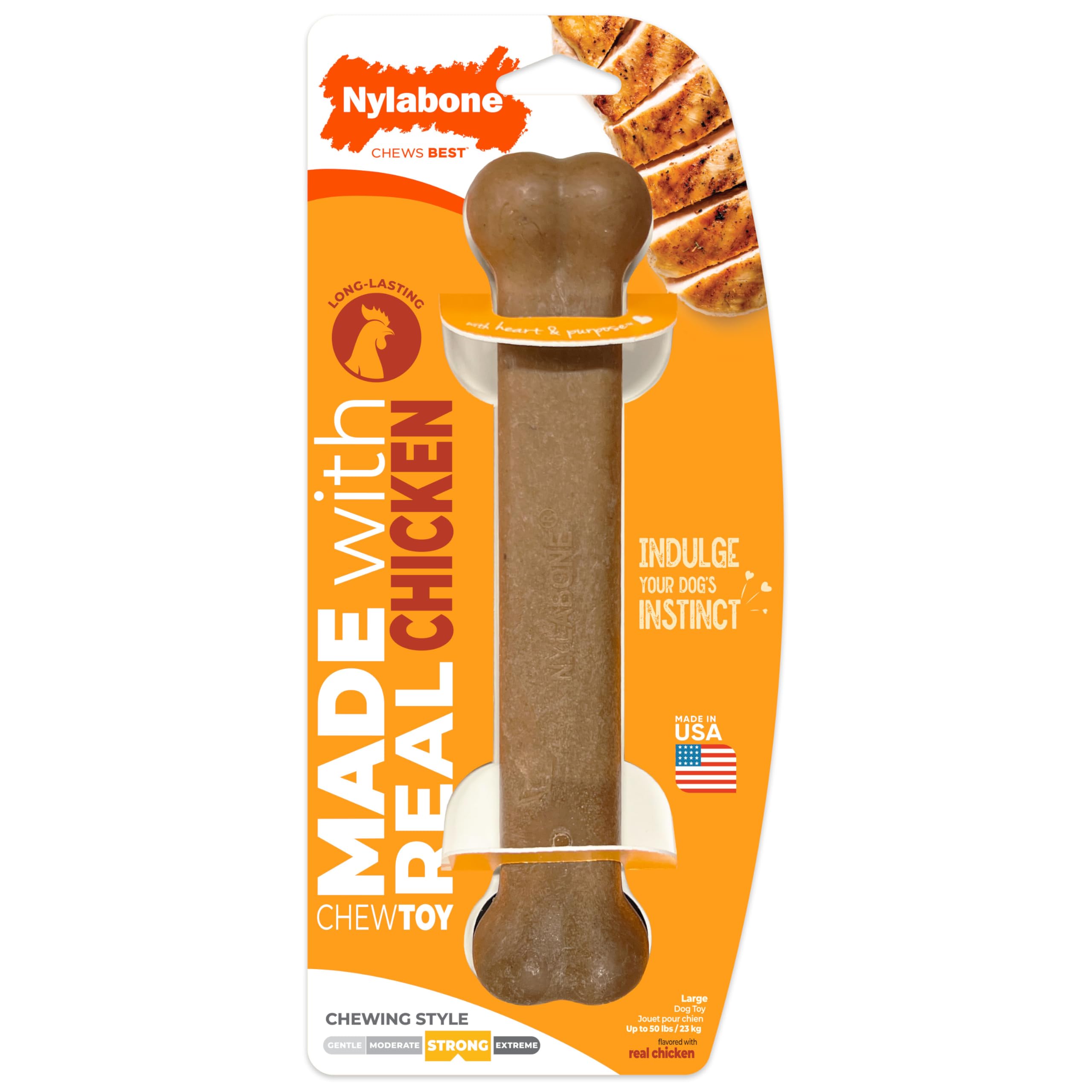 Nylabone Original Bone Strong Chew Toy for Dogs Made with Real Chicken, Durable Dog Chew Bones for Aggressive Chewers, Long-Lasting Flavor Keeps Dogs Busy, Large Dog Toys - Up to 50 lbs, 1 Count