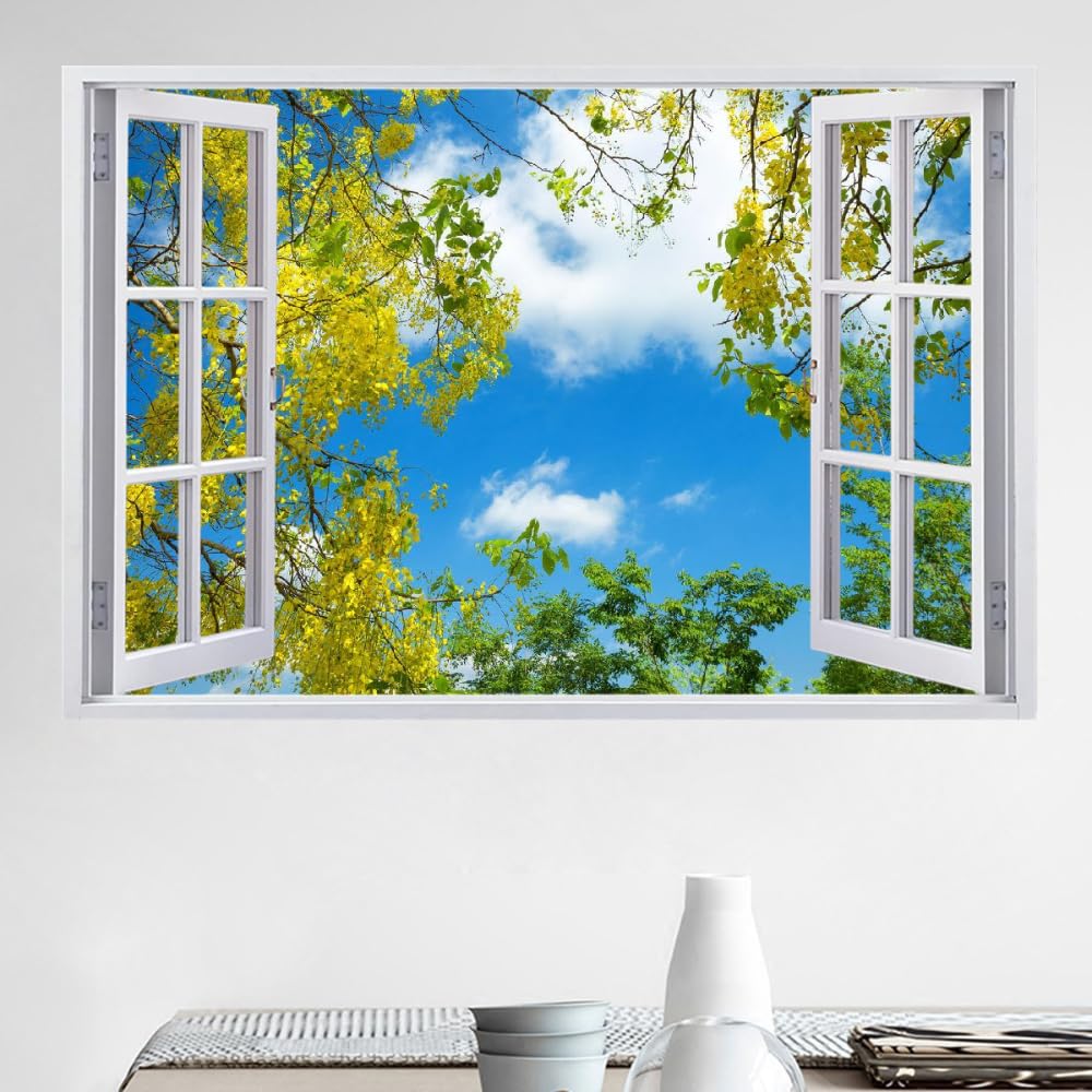 Efecto De Pared Rota 3D Árbol Nubes Blancas Pegatinas De Pared Impermeables Arte Extraíble Paisaje De Primavera Calcomanía De Vinilo Para Pared Para Niños, Niñas, Guardería, Hogar, Decoración De Pared