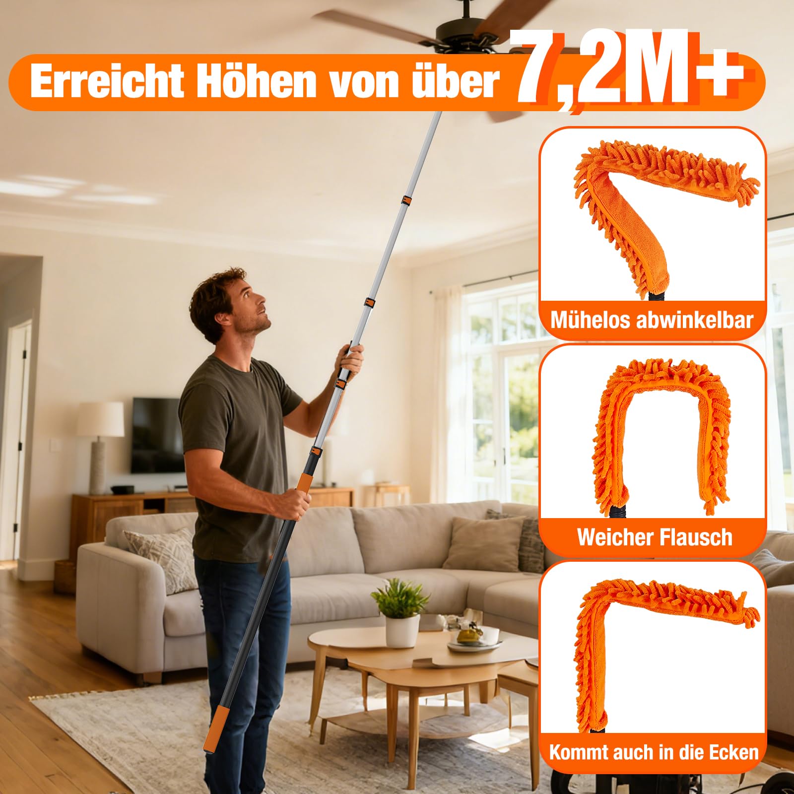 SISUPASSIE 7,2m Staubwedel Teleskop, Spinnenwebenentferner waschbar, Fensterputzer mit Teleskopstange für Decken, Fenster und Möbel