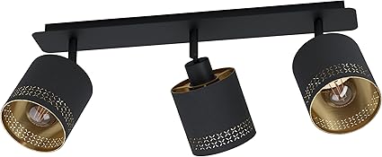 Eglo EGLO Esteperra Plafondlamp, 3-lichts woonkamerlamp, vintage, retro, plafondlamp van staal en textiel in zwart en goud, spot met E27-fitting