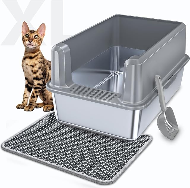 XXL Boîte à litière en acier inoxydable avec tapis & C'est bon. 23.7" L x 16" W x 11.8" H Pan extra grand métal, adapté aux grands chats et aux chats multiples, les côtés hauts, non-sticky, anti-sécheresse, facile à nettoyer