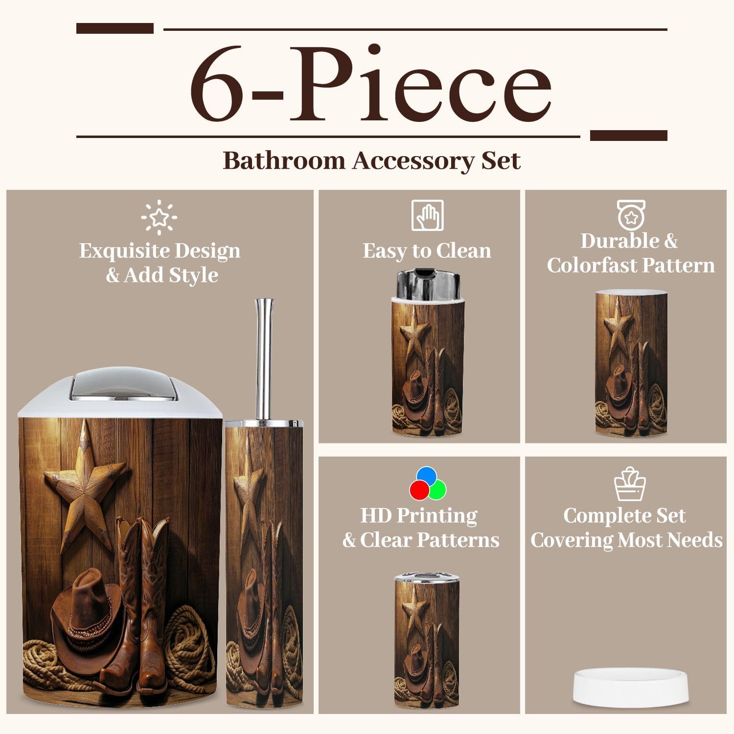 6 Piece Bathroom Accessories Set Western Farmhouse Rustic Cowboy Leather Boots Texas Star Hat Wooden Trash can Toilet Brush Holder Toothbrush Holder Toothbrush Cup Soap Dispenser Soap Dish Boho