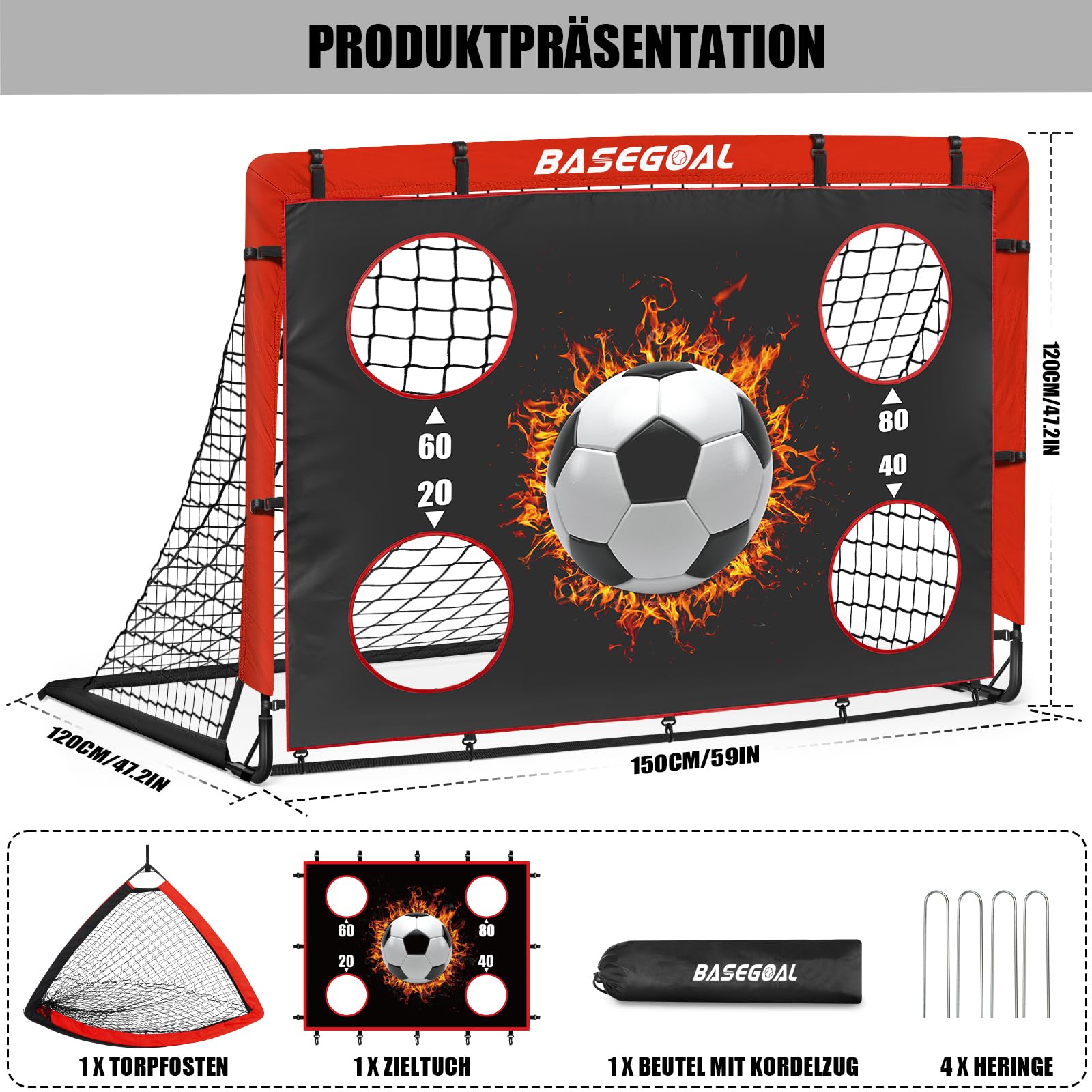 Klappbares Fußballtor Kinder [150x120cm/120x90cm]- Fussballtore für Garten Kinder 2-in-1 mit Zielscheibe, Fussball Tor Outdoor mit Tragetasche & Erdankern - Ideal für Garten, Strand