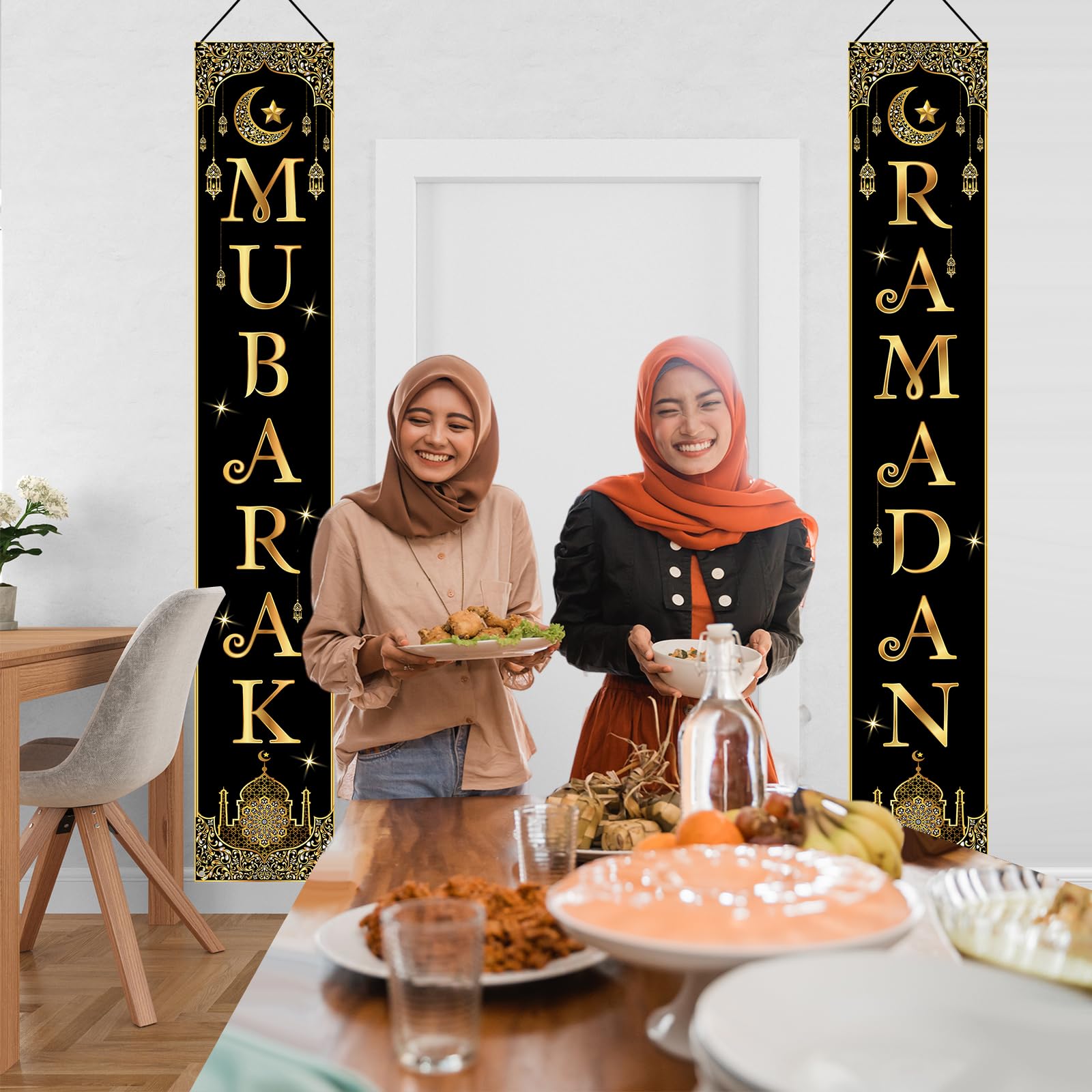 onehous Ramadan Mubarak Door Banner, Gold and Black Ramadan Decorations for Home Ramadan Mubarak Welcome Porch Sign - Image 4