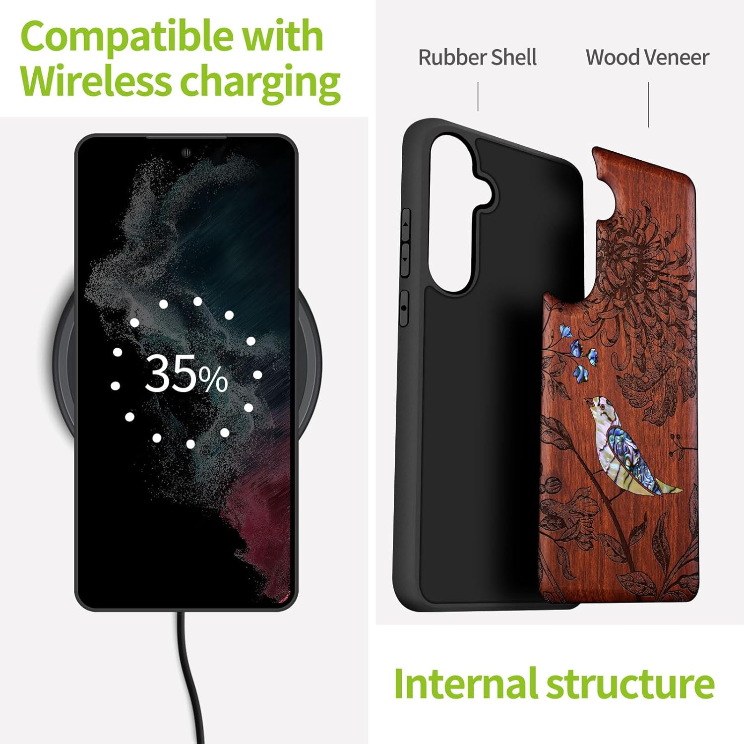Carveit Designer Wooden Case for Samsung Galaxy S24 Case [Wood Engraving & Shell Inlay] Compatible with Wireless Chargers S24 Cover (Flowers and Bird-Rosy)