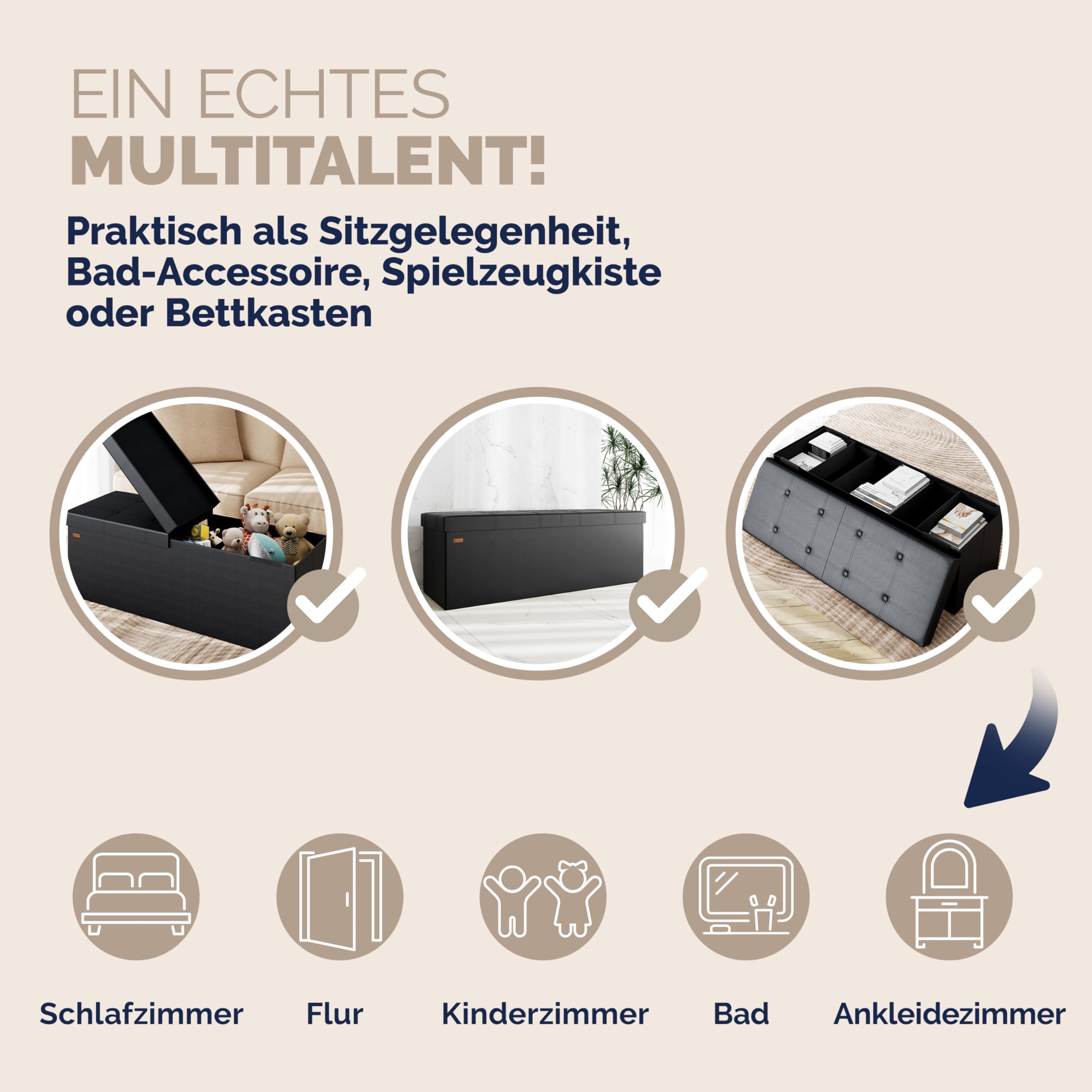 Casaria® Sitzbank mit Stauraum, Schwarz - Faltbar, 115 x 40 x 40 cm, 130L Volumen, bis 300 kg belastbar, gepolstert, Leinen-Optik - Aufbewahrungsbox mit Deckel, Sitztruhe mit Stauraum, Polsterbank