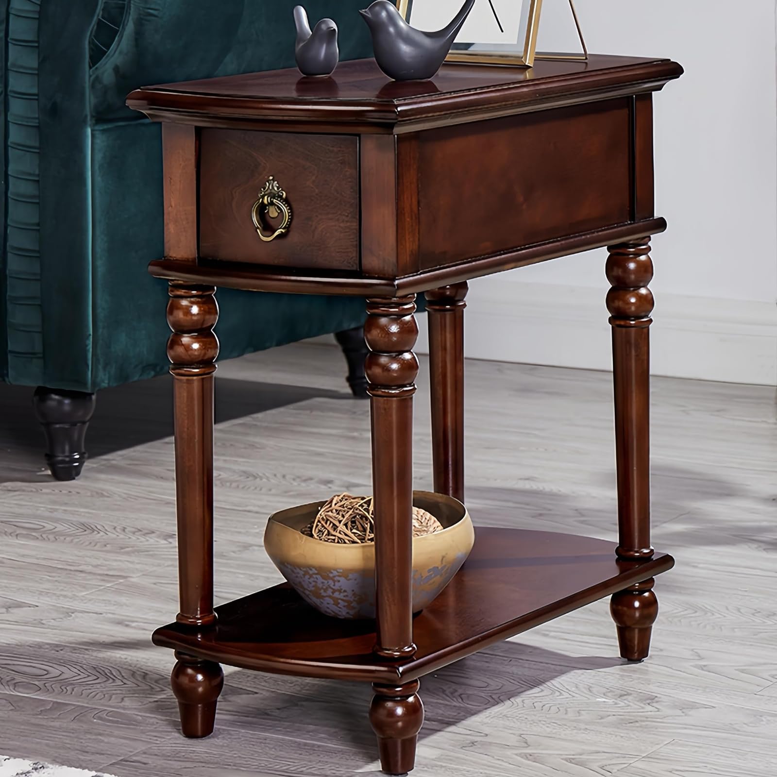 Zdftgkm Walnut Solid Wood Sofa Side Table,Narrow End Tables With Drawer And Storage Shelf,Mid-Century Modern Telephone Nightstand For Bedroom Living Room(58 * 36 * 59 Cm/22.8 * 11.8 * 23.2 In, )