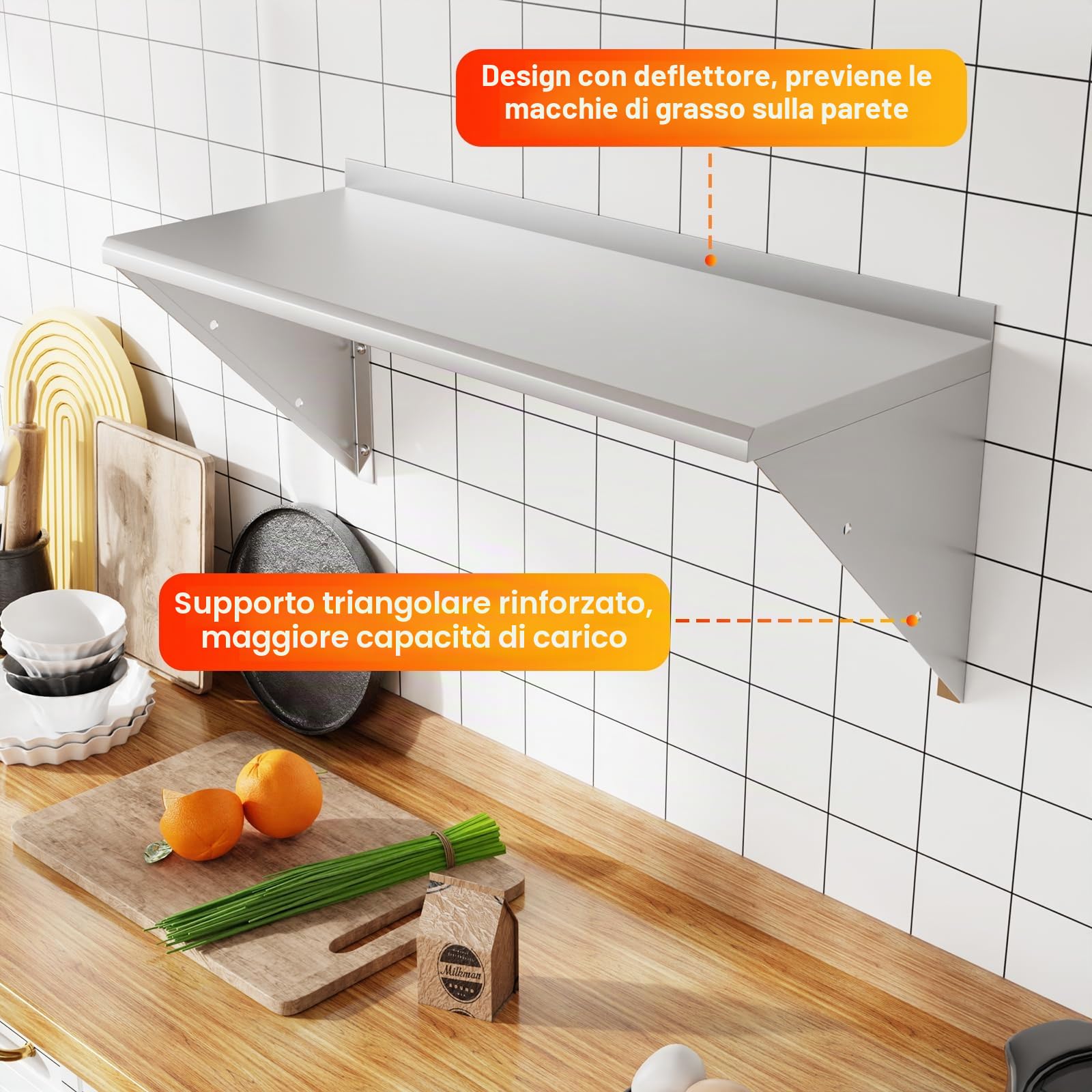 Mensole da Muro in Acciaio Inox per Sistemare Montaggio a Parete Design ad arco, capacità di carico fino a 80 kg per, Cucina, Garage Officina,ecc(80 * 30cm)