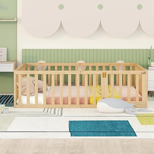 Miniatura 7 de Cama de suelo de tamaño individual para niños, marco de cama Montessori de madera resistente con valla y puerta, cama Montessori para niñas y niños,
