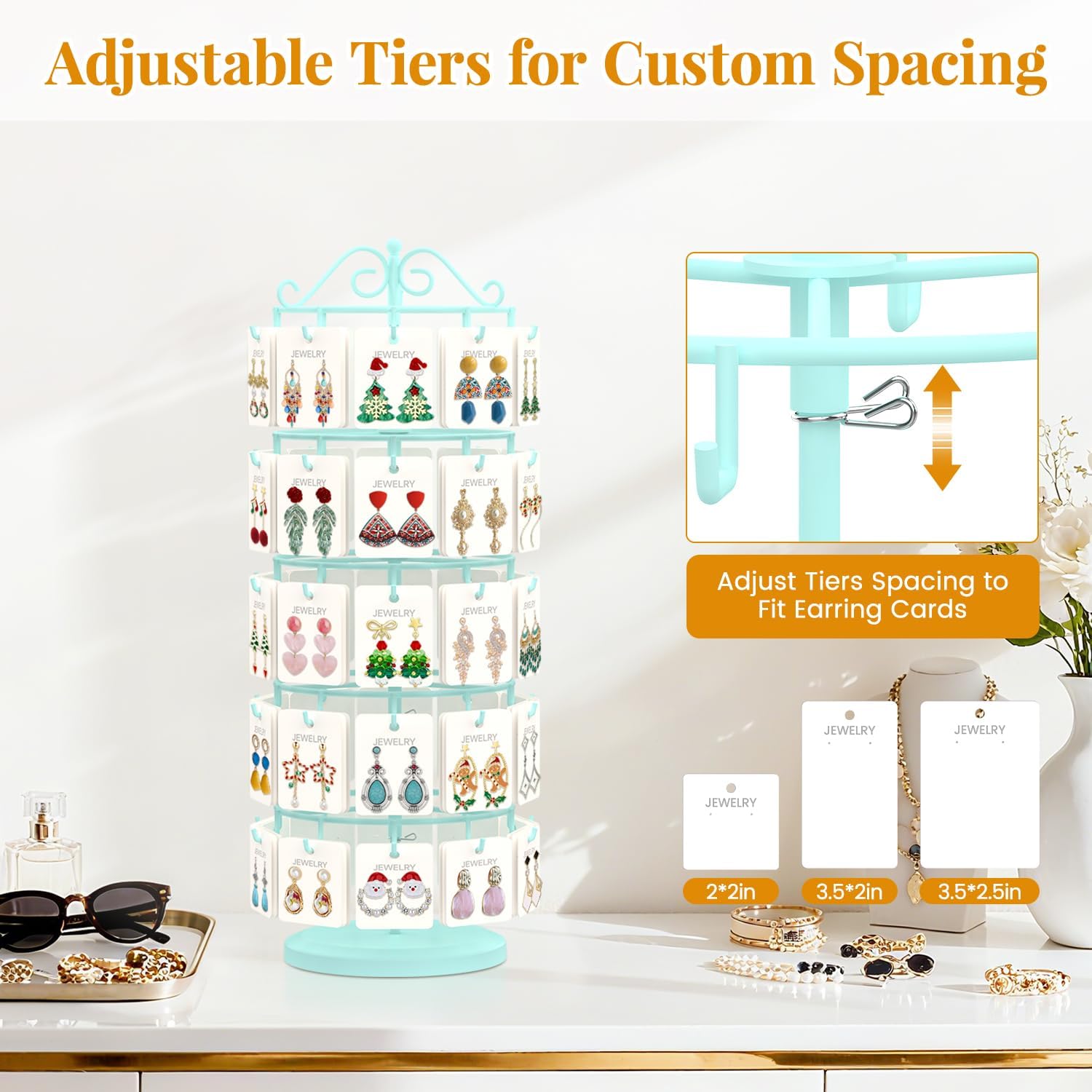 EsLuker.ly Earring Holder Organizer Rotating Display Tree Stand, Adjustable Height Earring Card Hanger Rack with 50 Hooks for Vendors Market Selling, 5 Tier Metal Jewelry Storage Tower,Blue