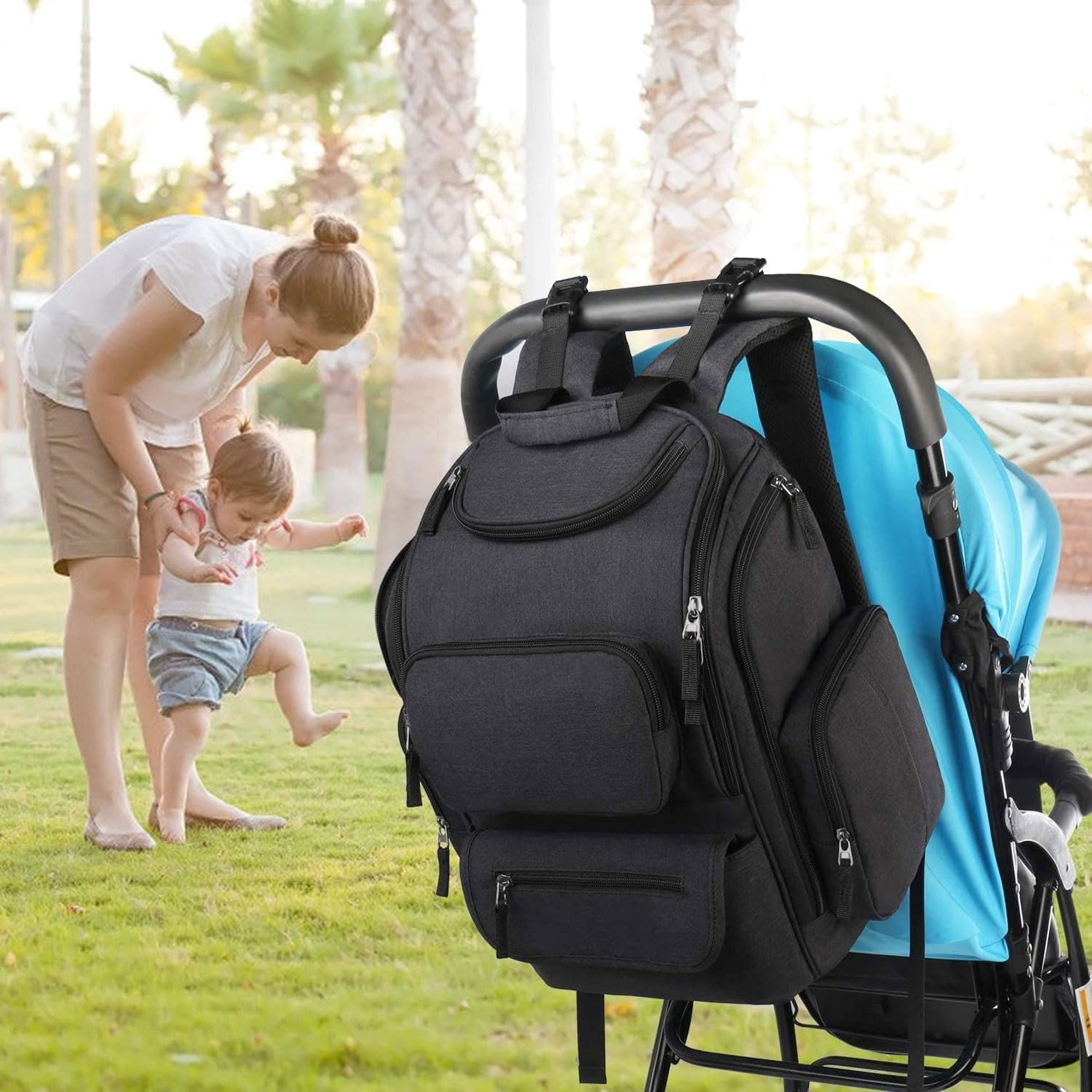 Mancro Mochila Cambiador Bebe, Mochila Maternidad Diaper para Carro Bebe Pañalera con 2 Bolsillos Laterales Aislantes, Impermeable Multifuncional Correas Cochecito Adecuado para Papá y Mamá, Negro