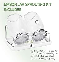Vista 2 de Kit completo de germinación de tarros de masón, 2 tarros de germinación de un cuarto de galón de boca ancha con tapas de germinación de acero